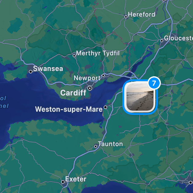 A map of the Bristol Channel with photo pins for a cluster of seven entries