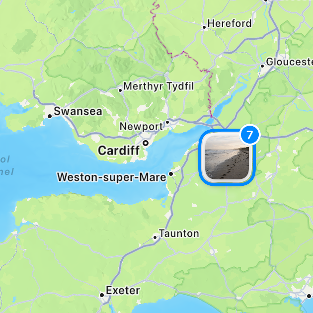 A map of the Bristol Channel with photo pins for a cluster of seven entries