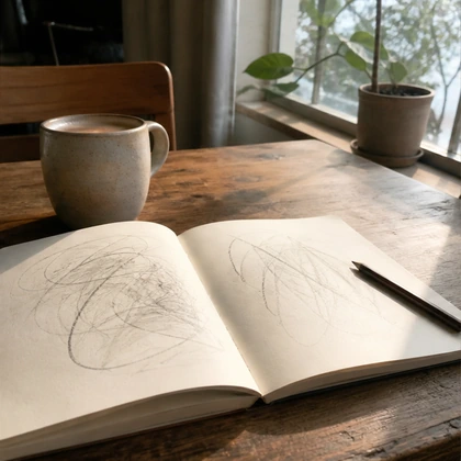 An open notebook and a mug on a desk by a window