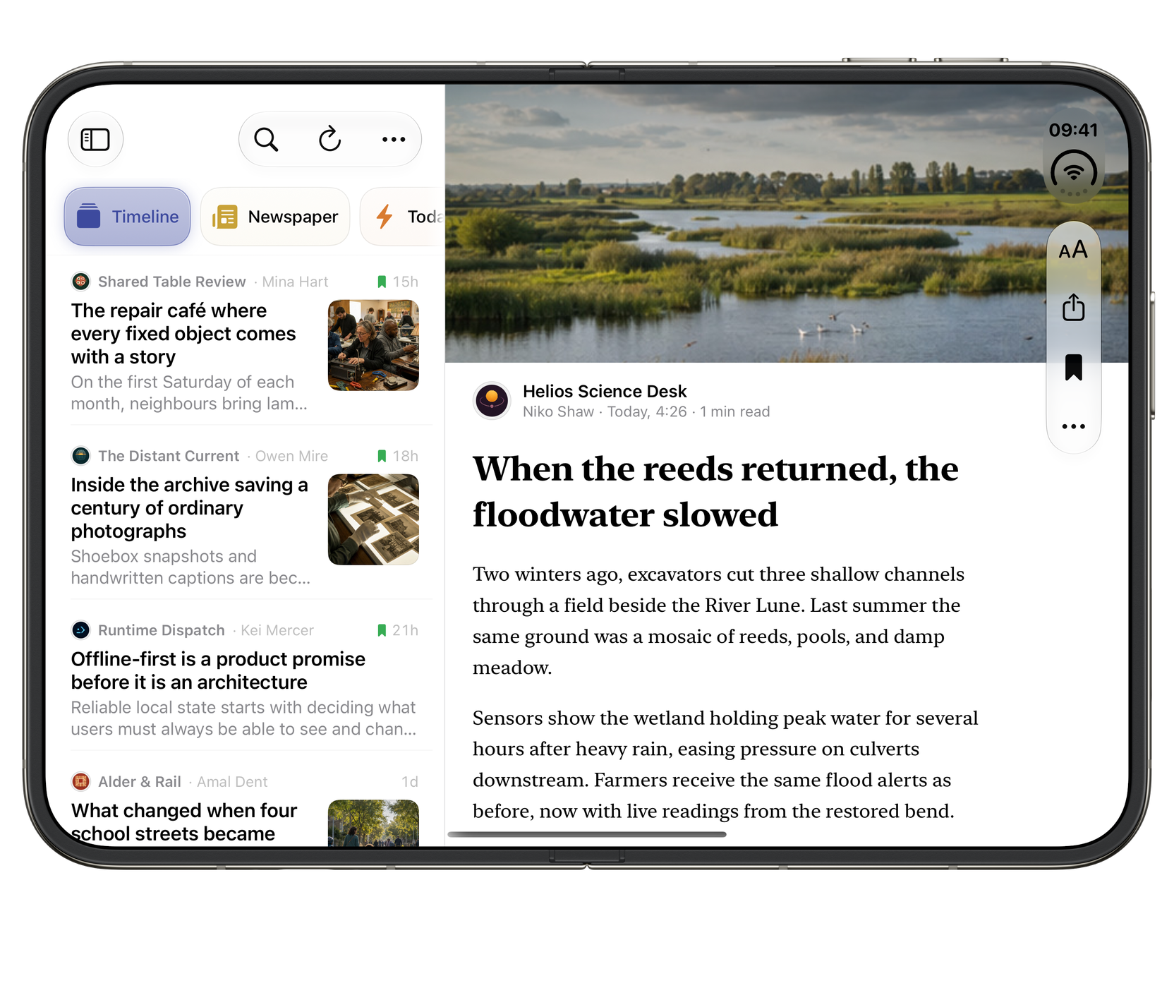 Beacon on iPhone Duo, fully open: Your library beside the full story.