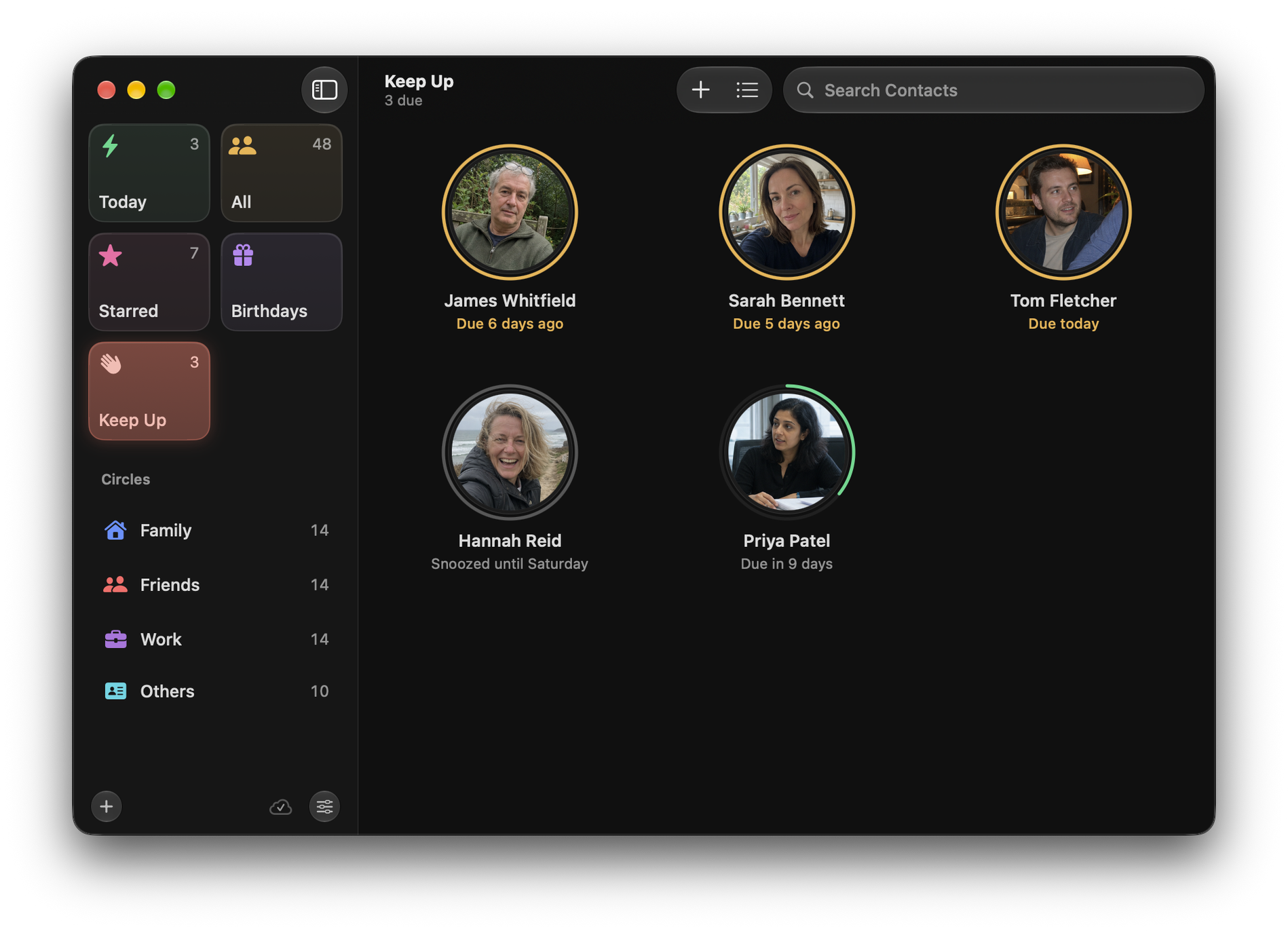 Circle on Mac: Keep Up ordered from overdue and due today through upcoming and snoozed fictional relationships