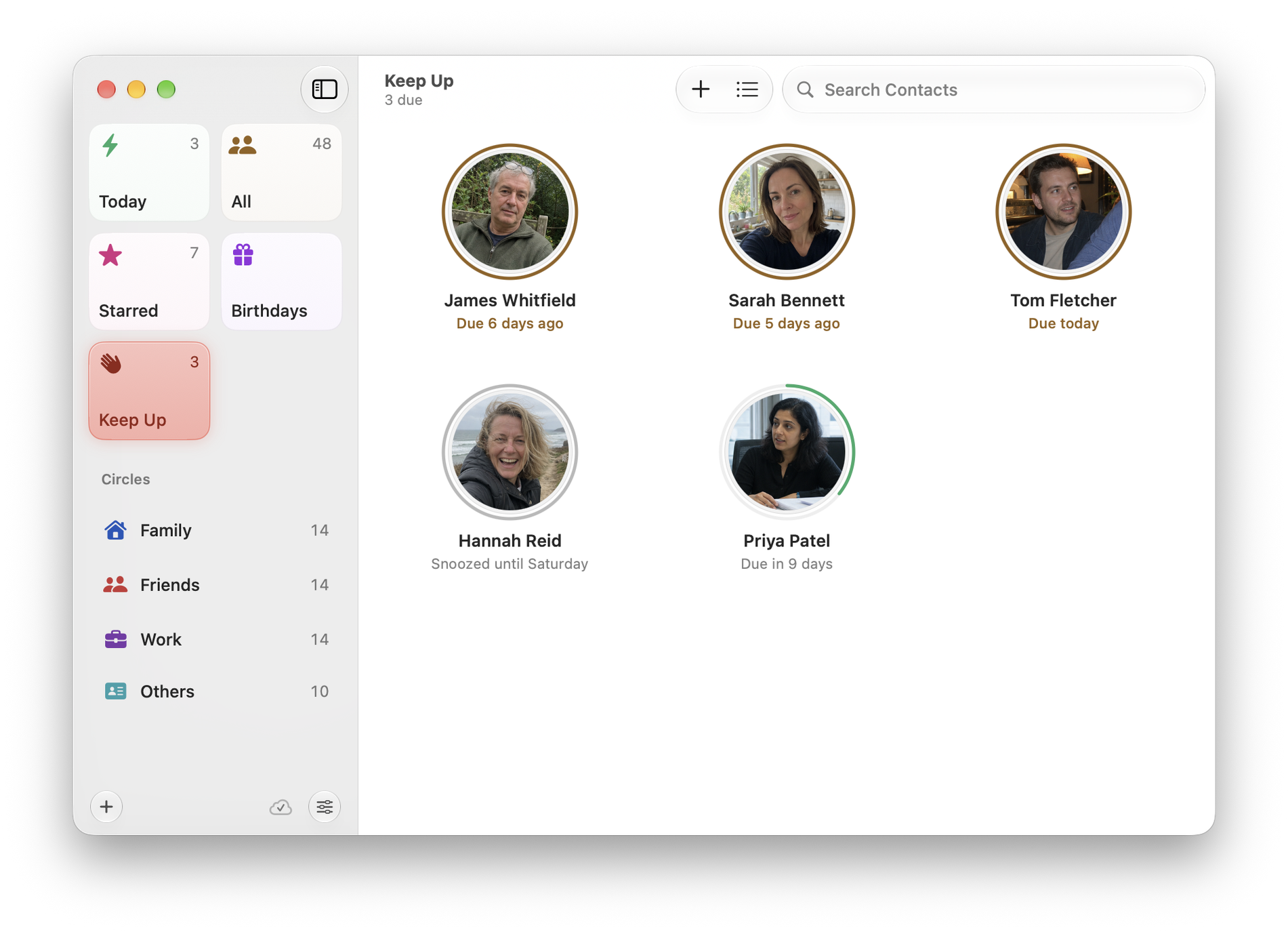 Circle on Mac: Keep Up ordered from overdue and due today through upcoming and snoozed fictional relationships