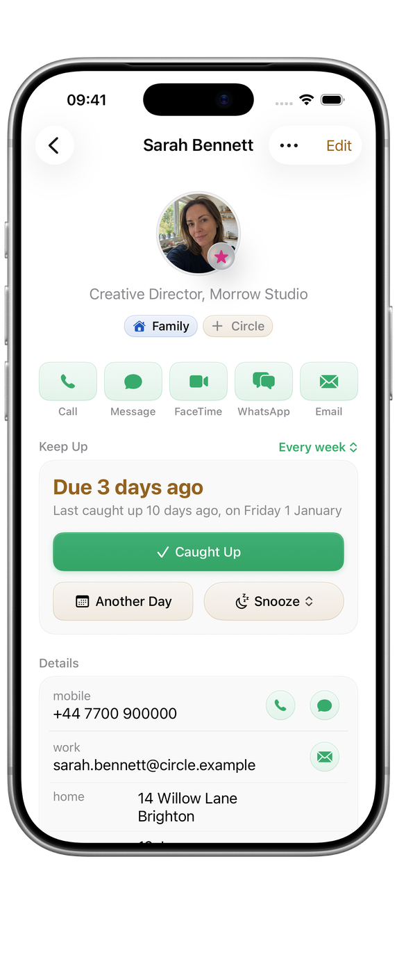 Circle on iPhone: Person page with quick actions, Keep Up rhythm and recent interactions