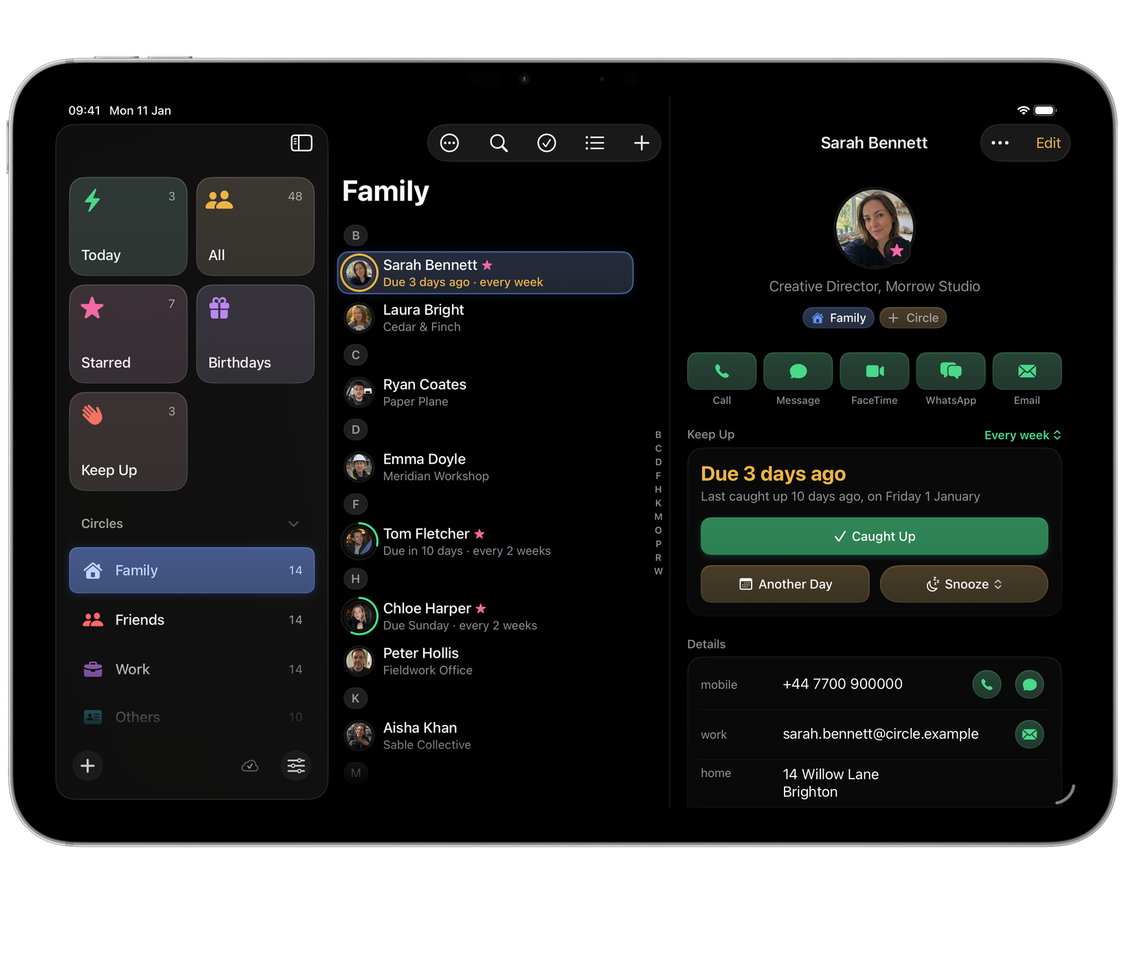 Circle on iPad: Family selected in the sidebar, with Friends and Work also visible, and one fictional contact fully open on the right