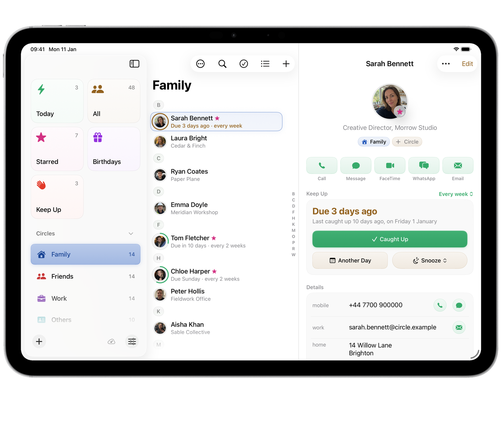 Circle on iPad: Family selected in the sidebar, with Friends and Work also visible, and one fictional contact fully open on the right