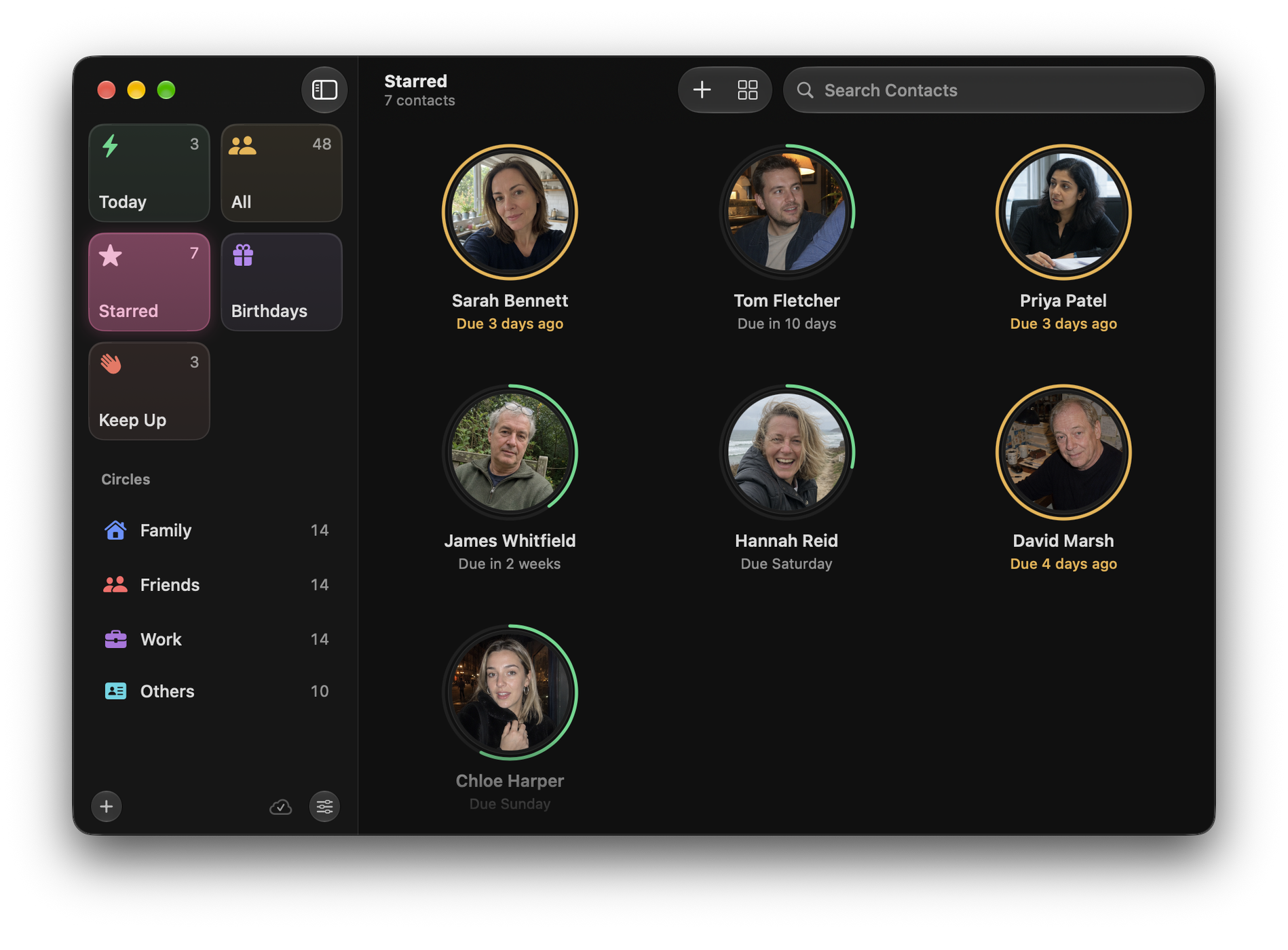 Circle on Mac: Starred shortlist with a contact mid-drag