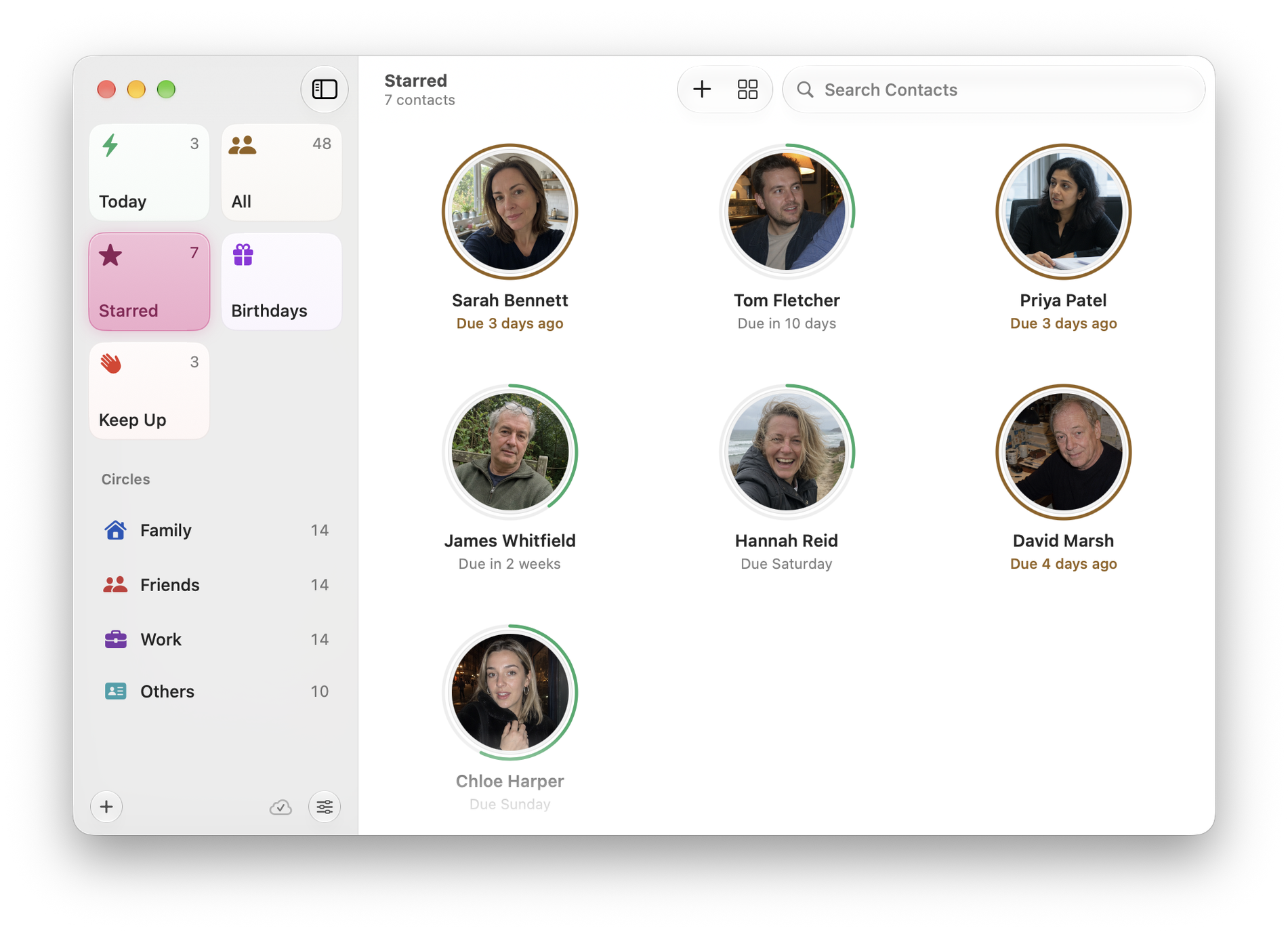 Circle on Mac: Starred shortlist with a contact mid-drag