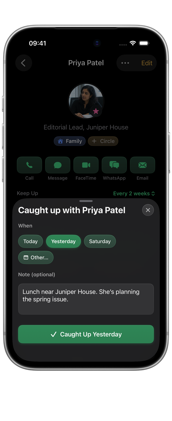 Circle on iPhone: a fictional person detail with the inline interaction editor open for choosing a date and adding a note