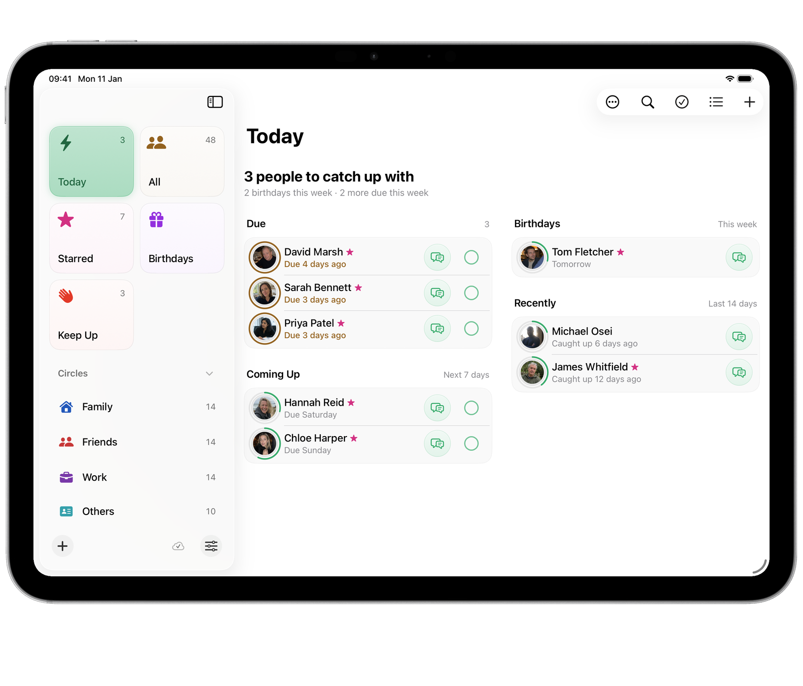 Circle on iPad: Today across the full width, people due and coming up beside birthdays and recent catch-ups