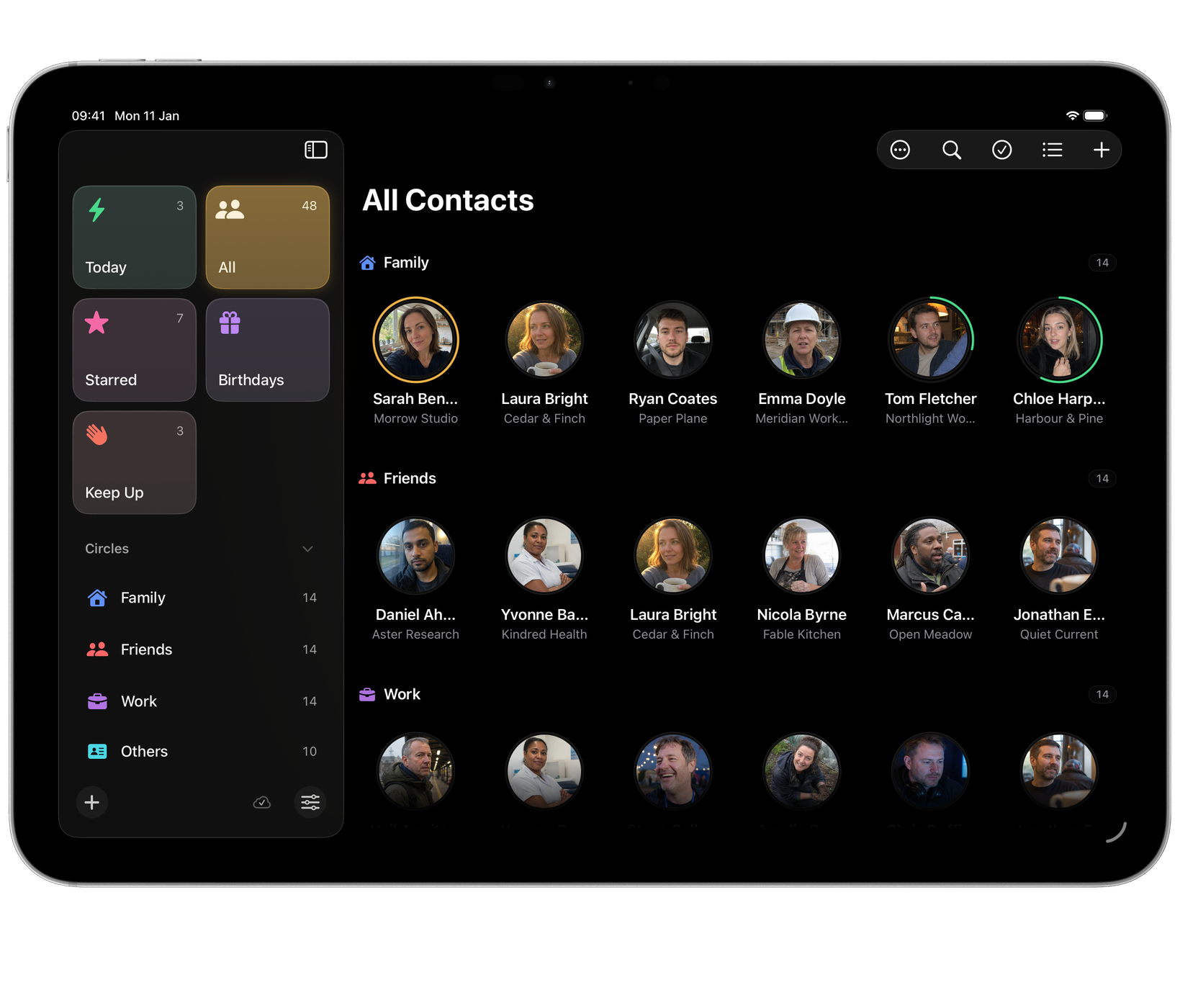Circle on iPad: All Contacts as a grid grouped by circle, with Keep Up rings round the photos