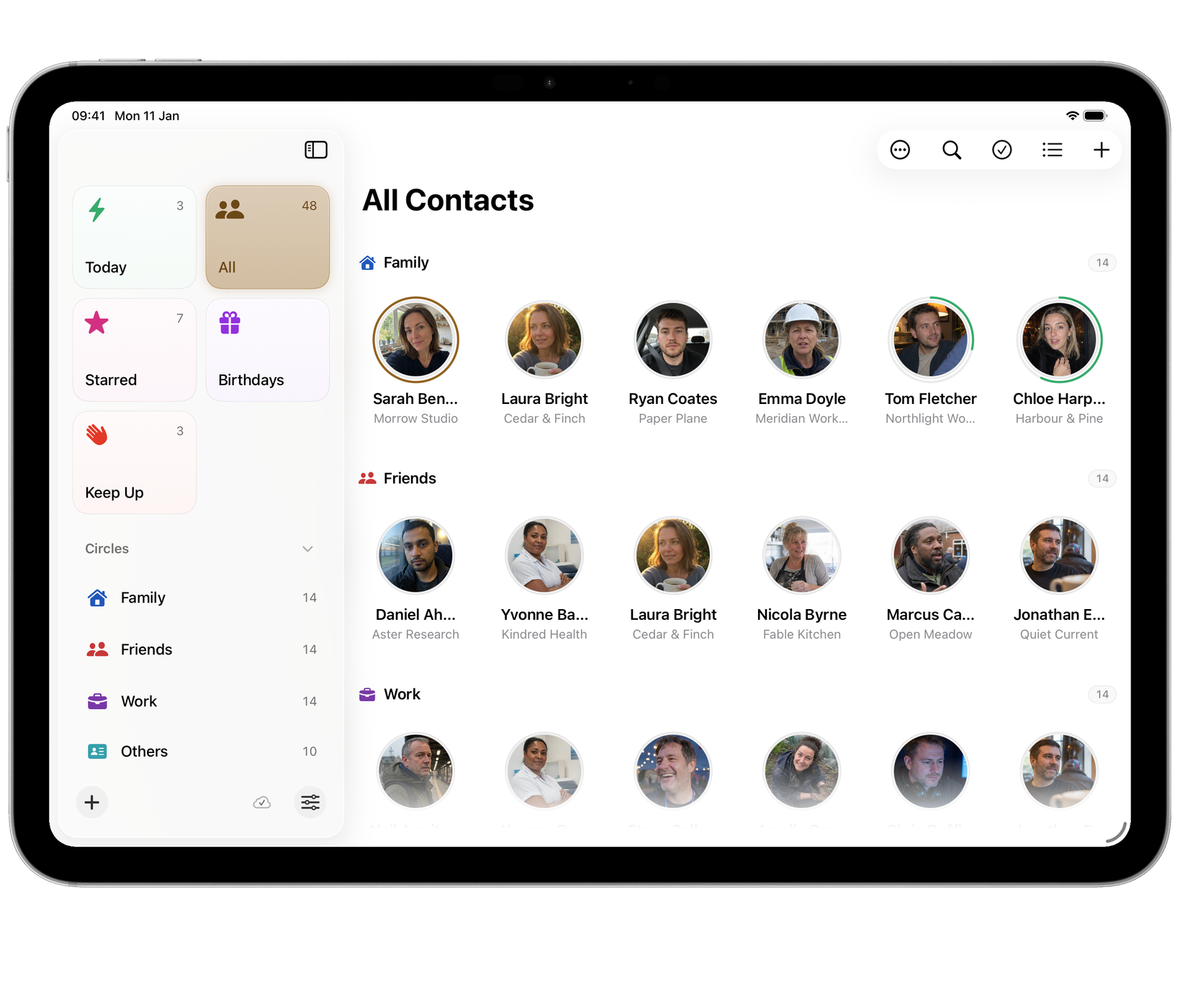Circle on iPad: All Contacts as a grid grouped by circle, with Keep Up rings round the photos