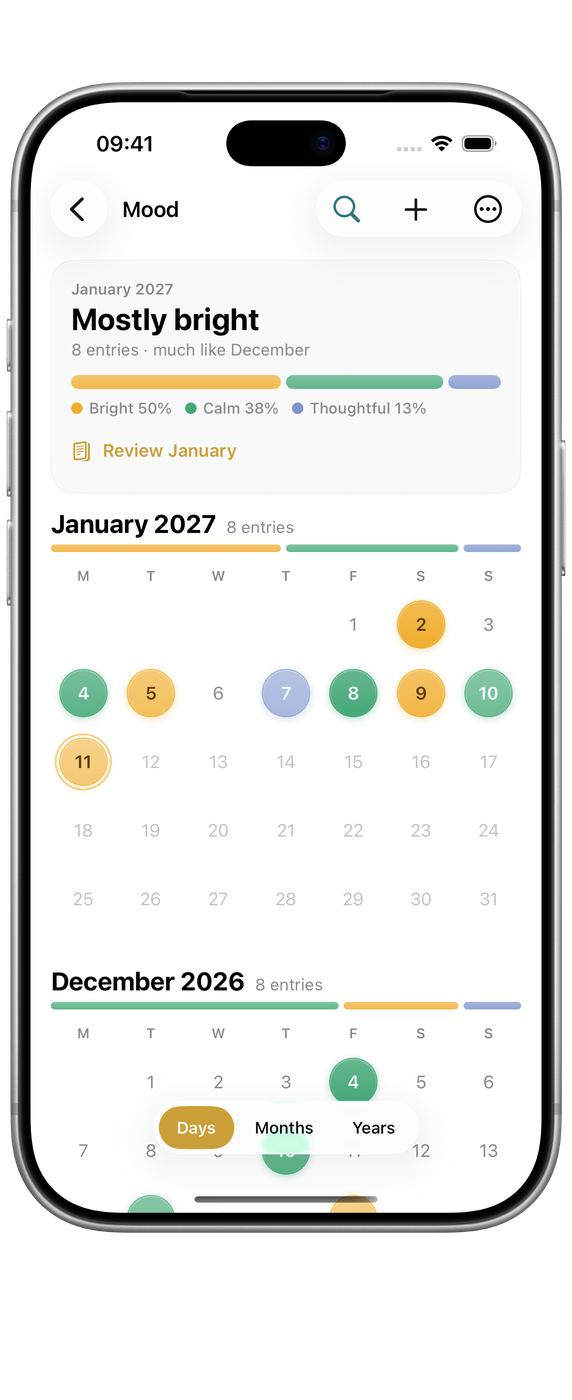 Echo on iPhone: Mood, the month’s days coloured by how they felt