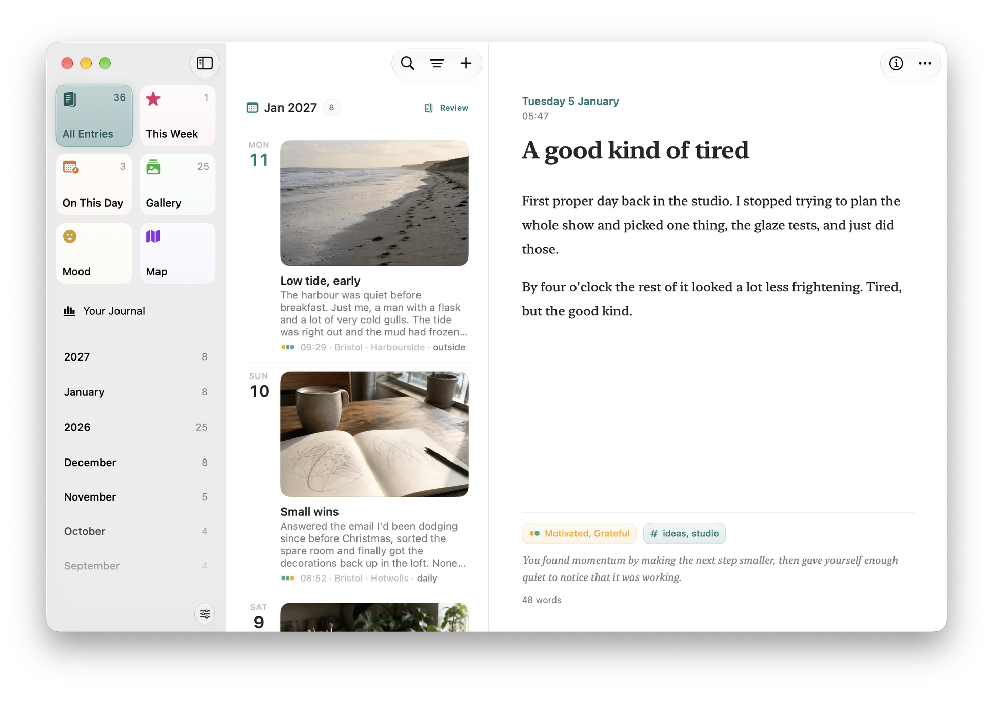 Echo on Mac: an entry with a short on-device reflection and a follow-up prompt