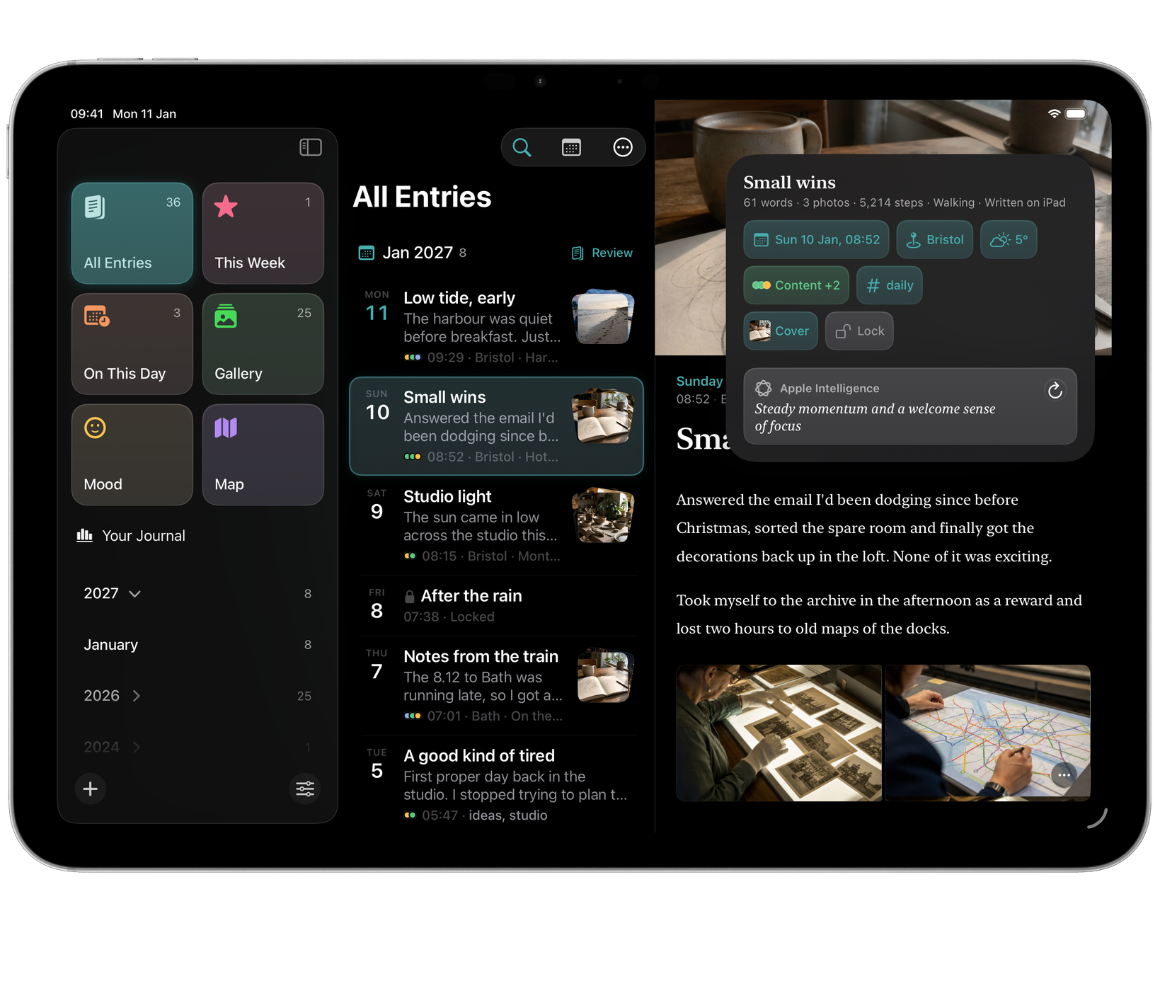 Echo on iPad: an entry’s Details, with date, place, weather, mood, tags and lock