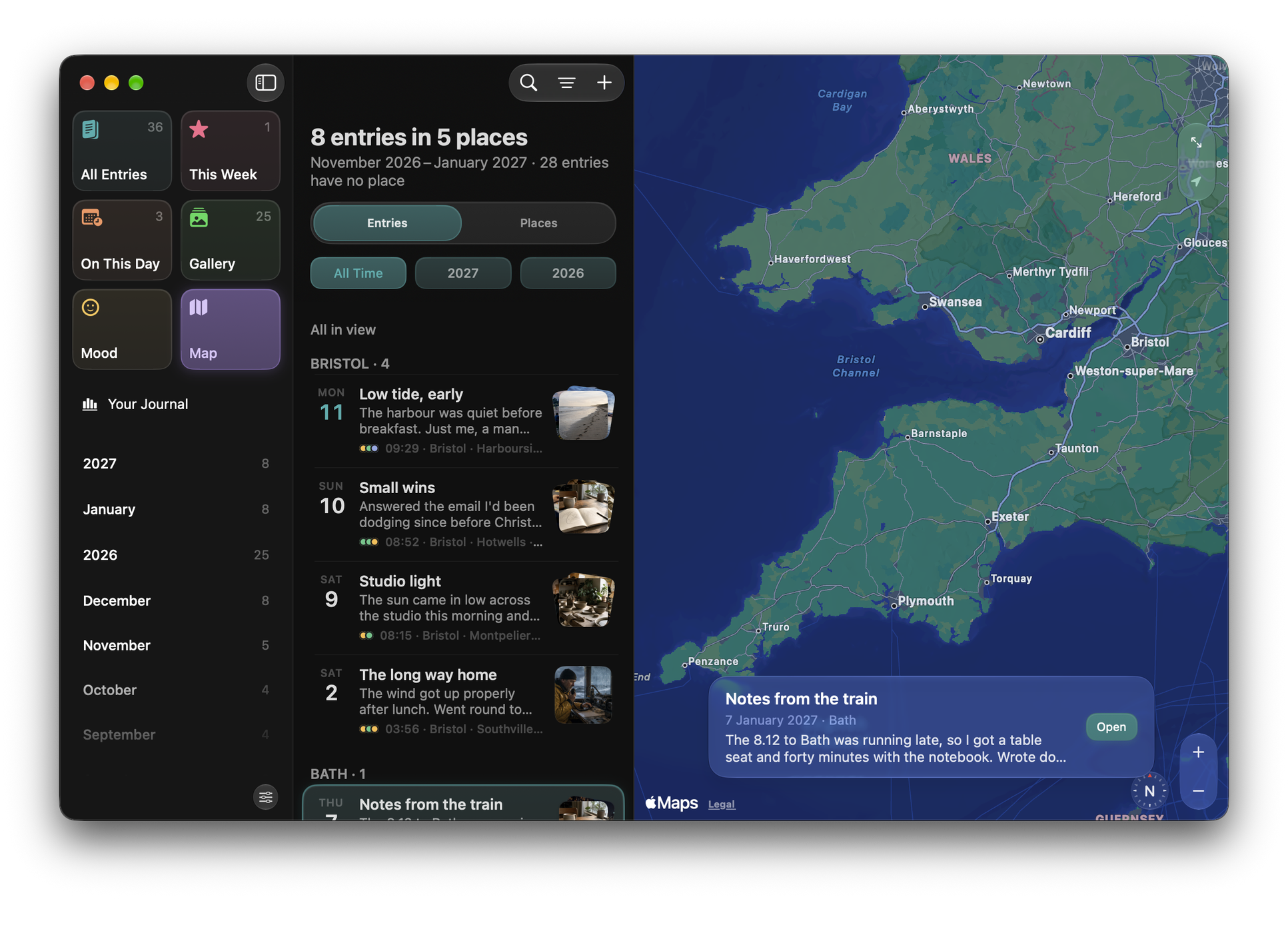 Echo on Mac: the Map, with entries listed by place, photo pins and one entry’s card
