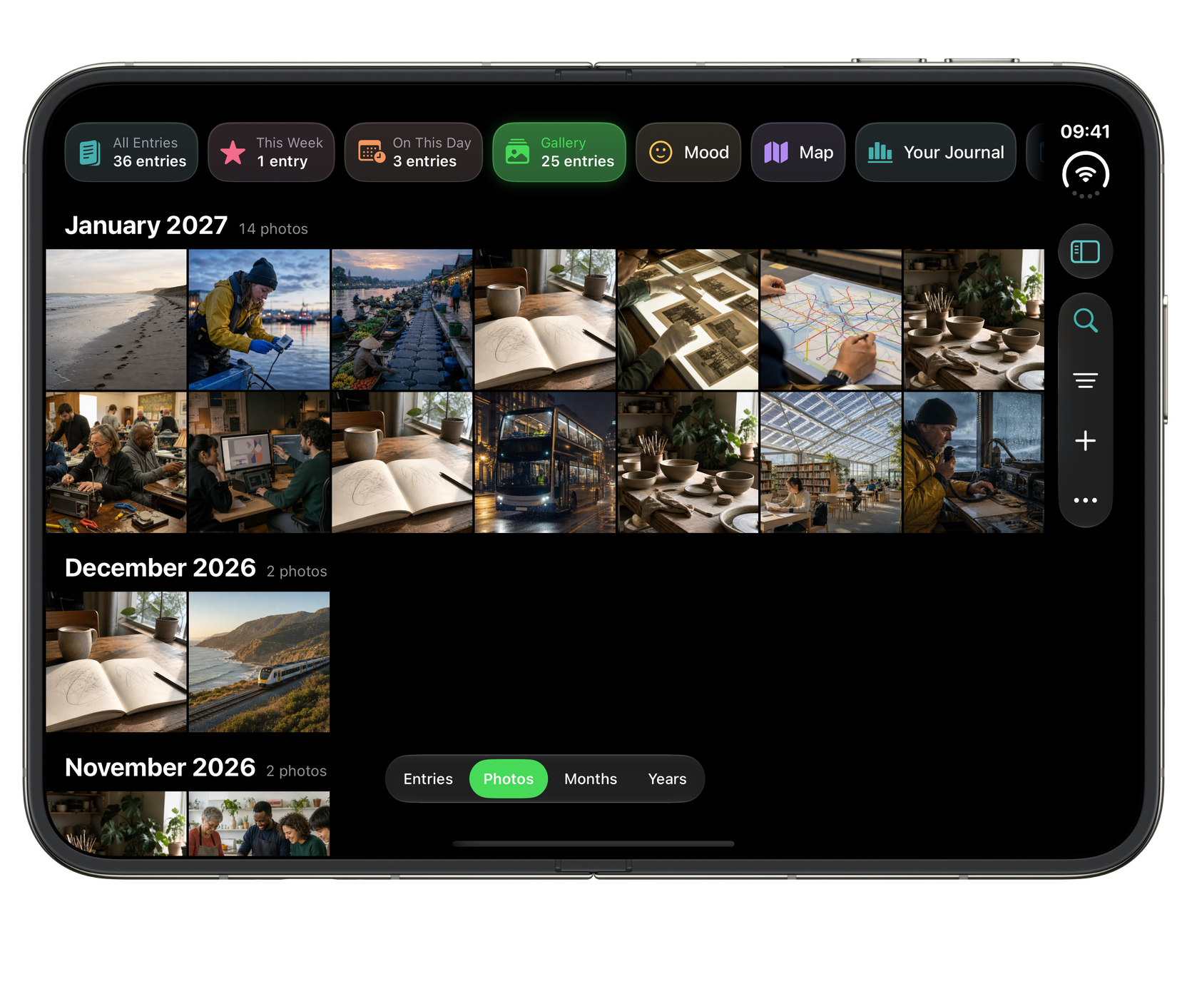 Echo on iPhone Duo, fully open: Every photo in your journal, month by month.
