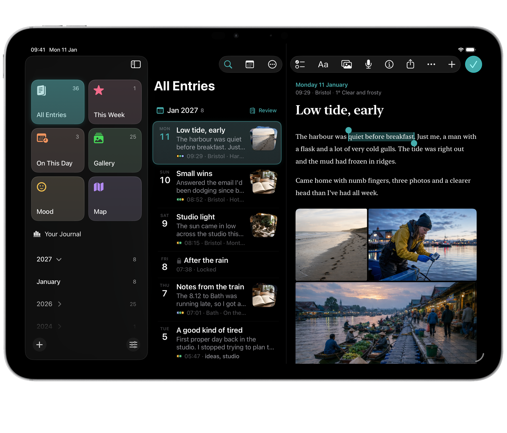 Echo on iPad: writing an entry with a photo collage in the text