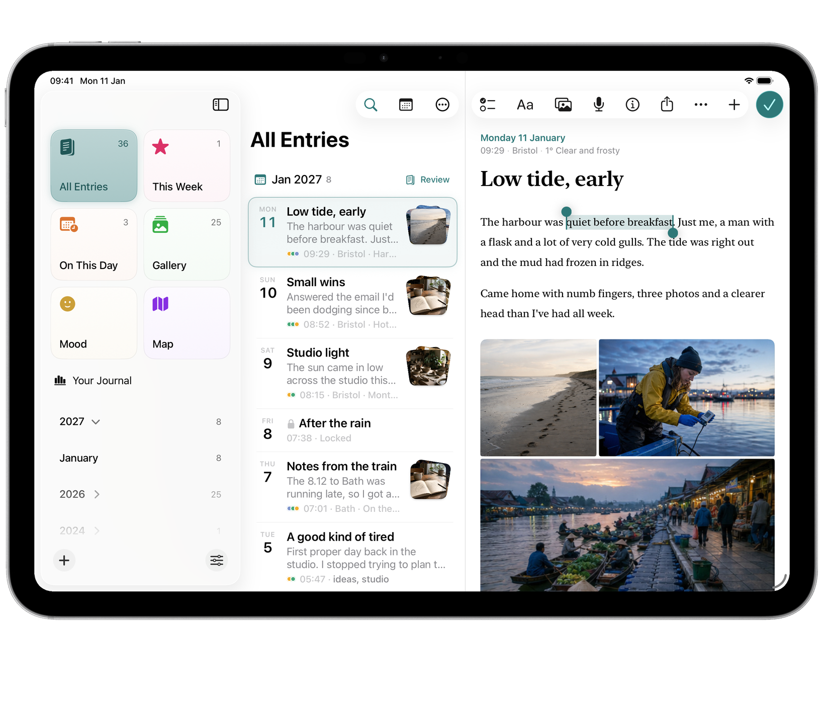 Echo on iPad: writing an entry with a photo collage in the text