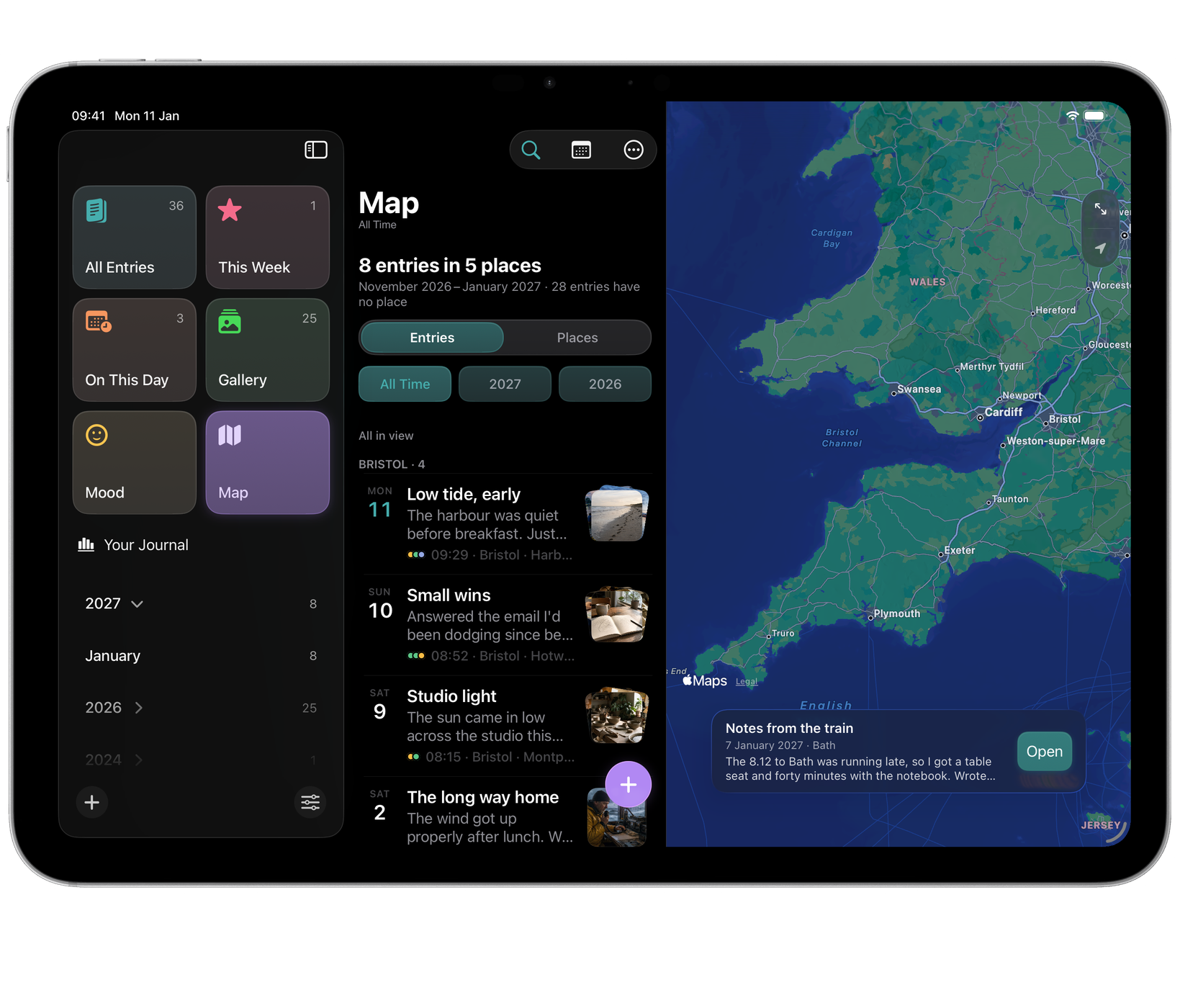 Echo on iPad: the Map, with clustered places and an entry’s card