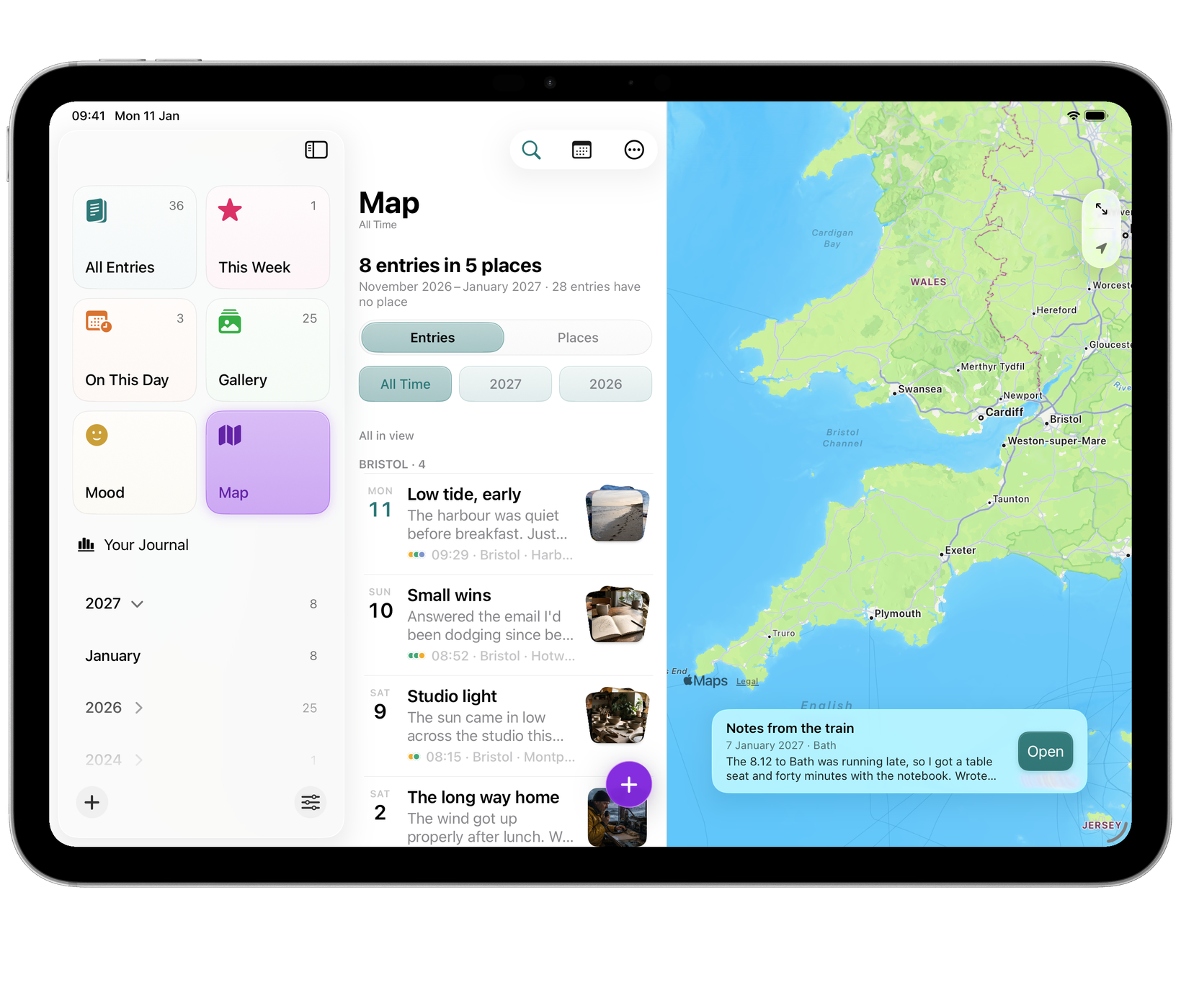 Echo on iPad: the Map, with clustered places and an entry’s card