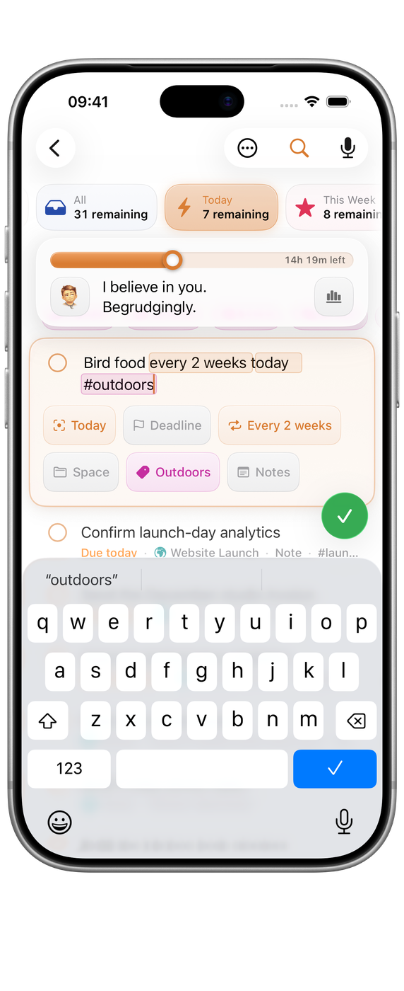 Orbit on iPhone: a task typed in plain words, with its date, repeat and tag recognised