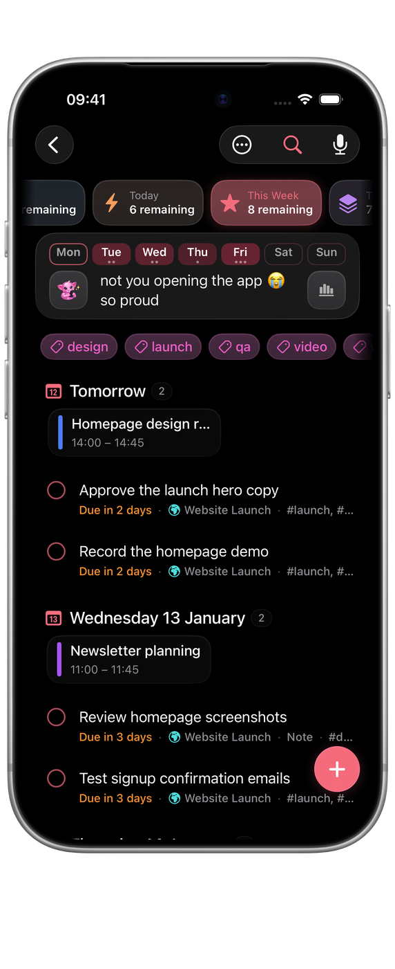 Orbit on iPhone: This Week arranged by day, with calendar events in place