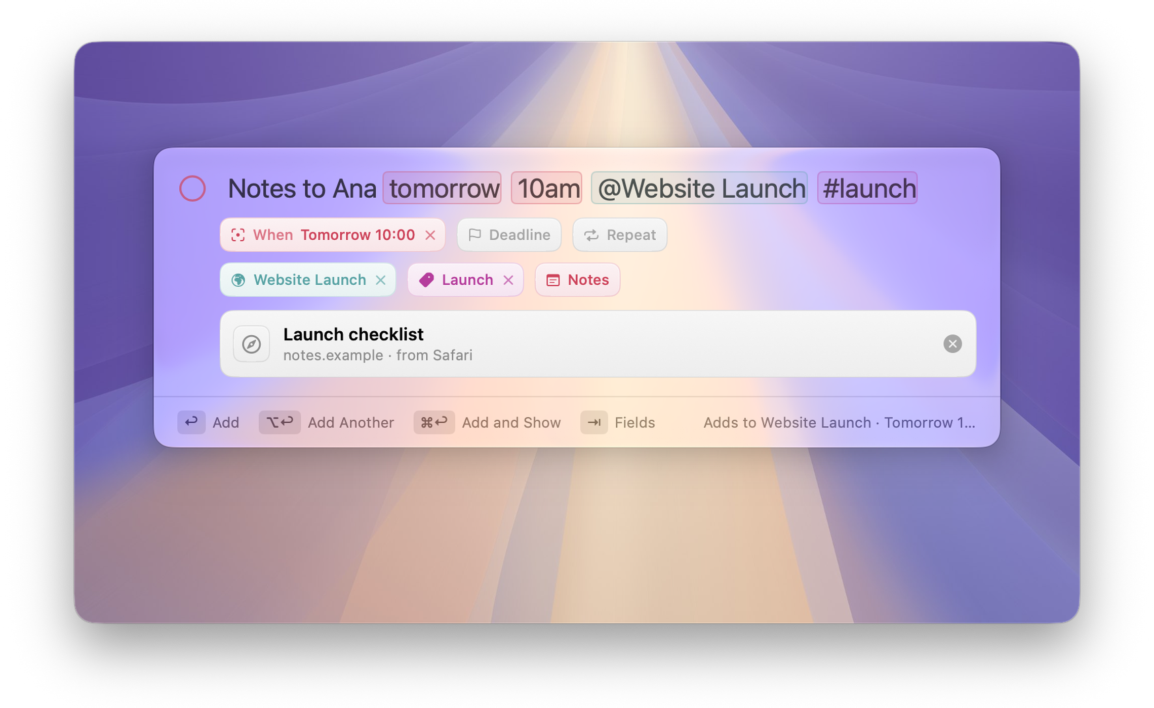 Orbit on Mac: Quick Entry over the desktop, with the date, time, Space and tag recognised as you type and a Safari page attached as a link
