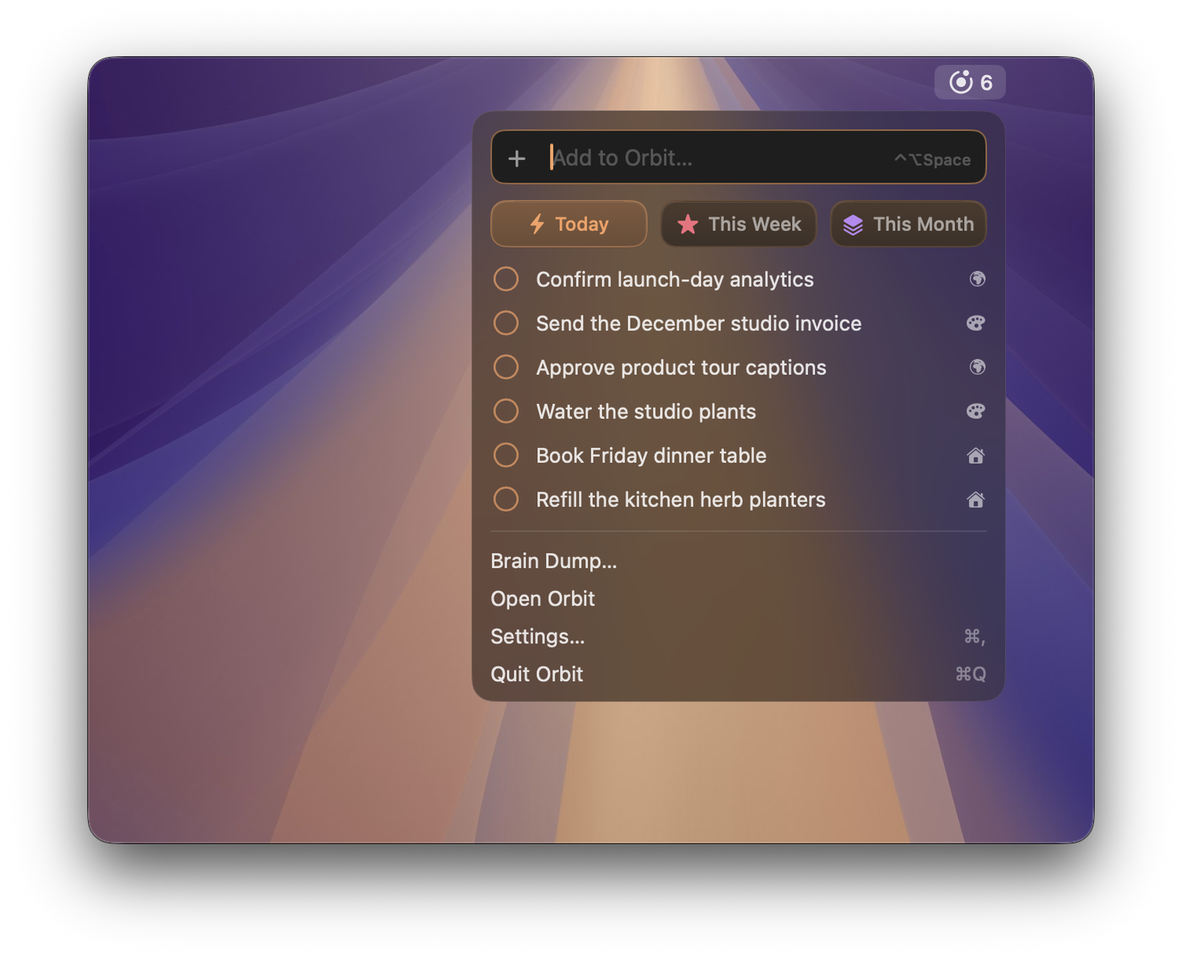 Orbit on Mac: the menu bar panel open from Orbit’s item, with Quick Entry, today’s tasks and the way into Orbit