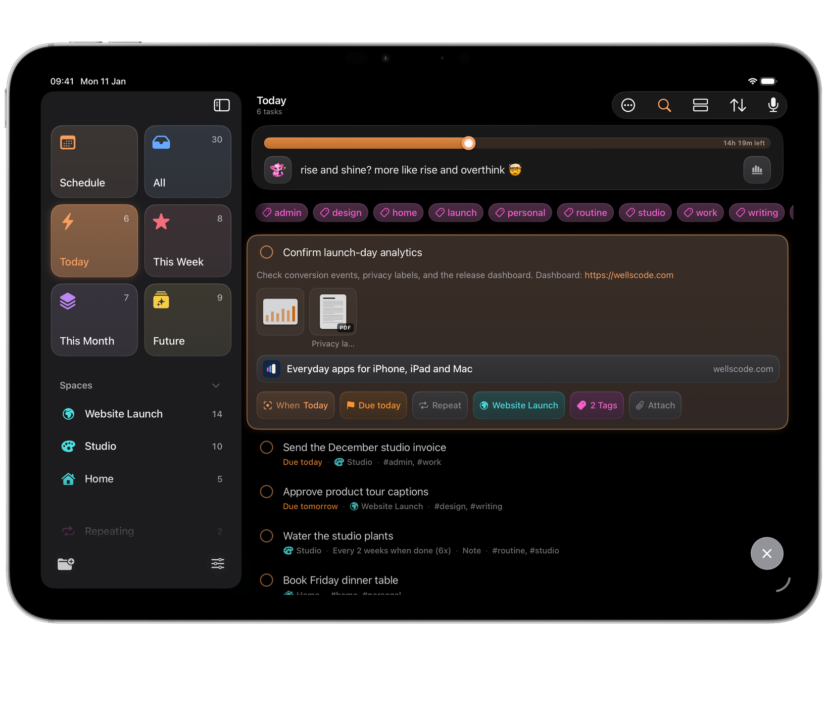 Orbit on iPad: a task open with its attachments: a photo, a PDF and a link card