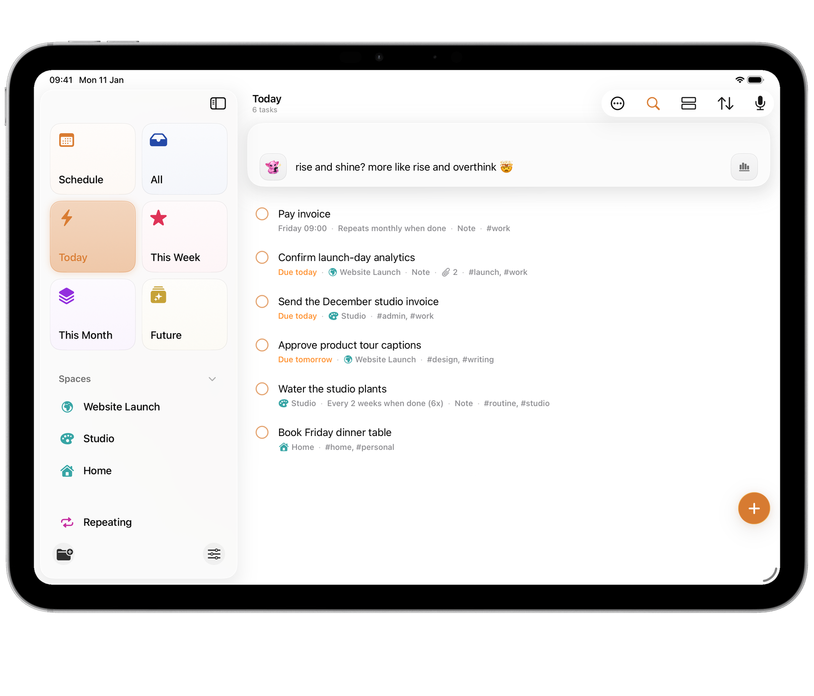 Orbit on iPad: a task open with its attachments: a photo, a PDF and a link card