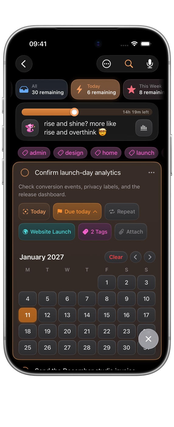 Orbit on iPhone: Today, with a task open at its deadline