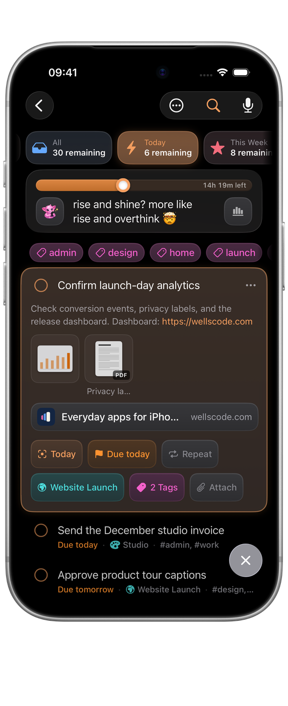 Orbit on iPhone: the same task open with its photo, PDF and link card