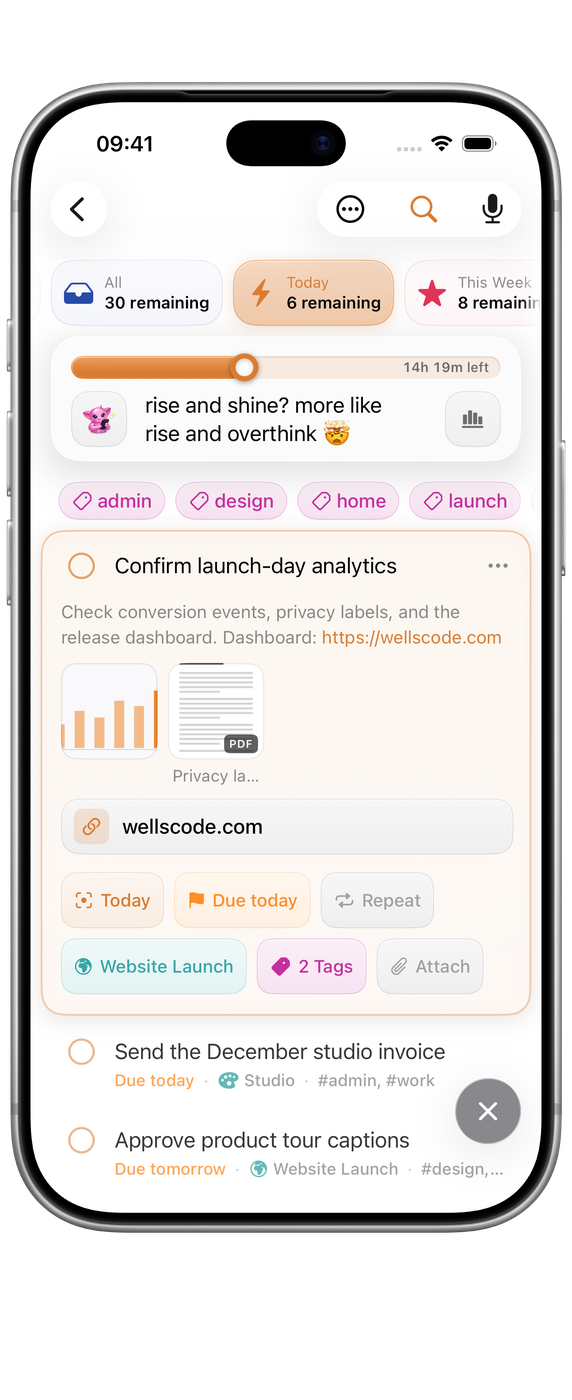 Orbit on iPhone: the same task open with its photo, PDF and link card