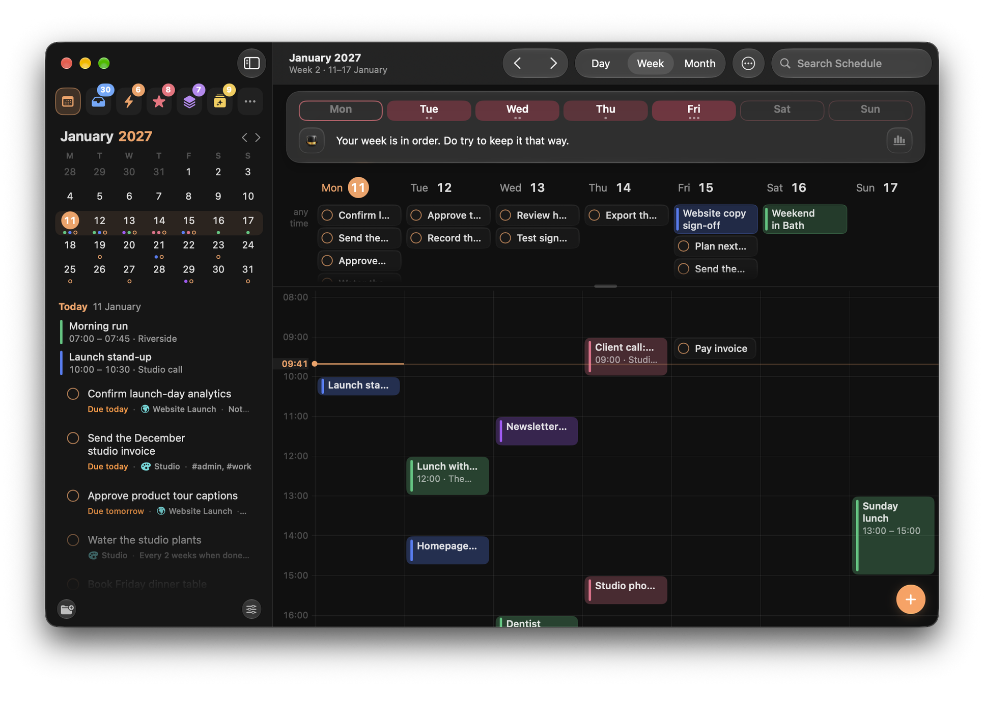 Orbit on Mac: Schedule’s week, with tasks and calendar events together in the hours, and the month and what is coming up in the sidebar