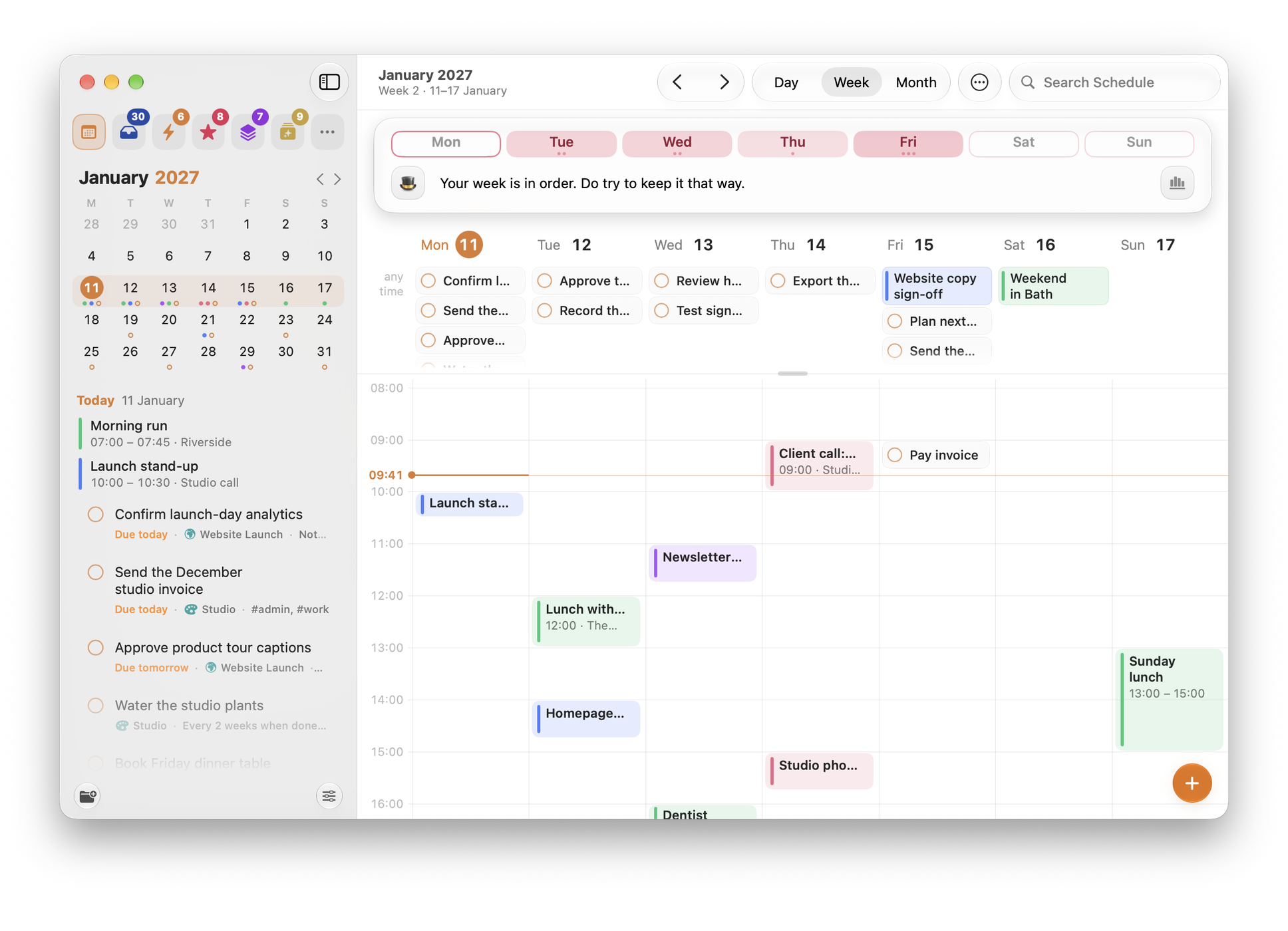 Orbit on Mac: Schedule’s week, with tasks and calendar events together in the hours, and the month and what is coming up in the sidebar
