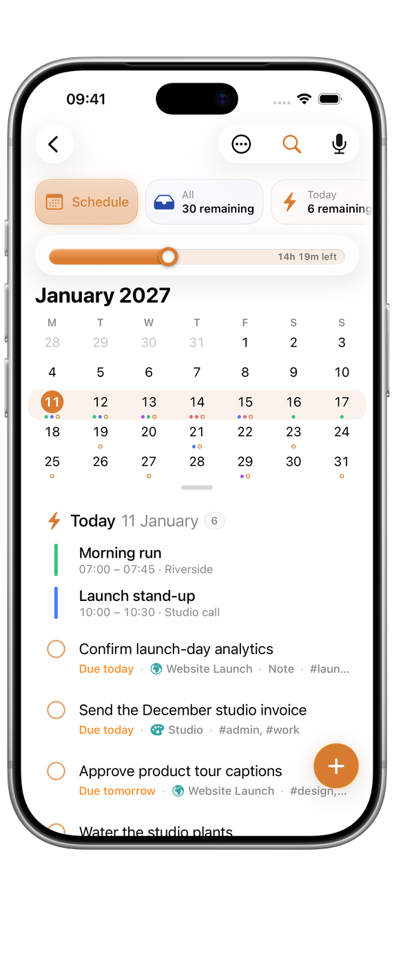 Orbit on iPhone: Schedule’s month, with a dot for each day’s tasks and events, and today’s list below
