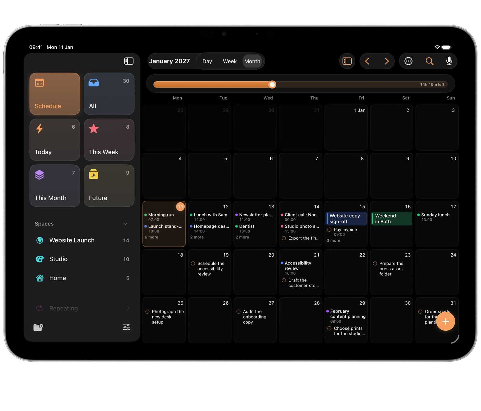 Orbit on iPad: Schedule’s month, with each day’s events and tasks on the calendar