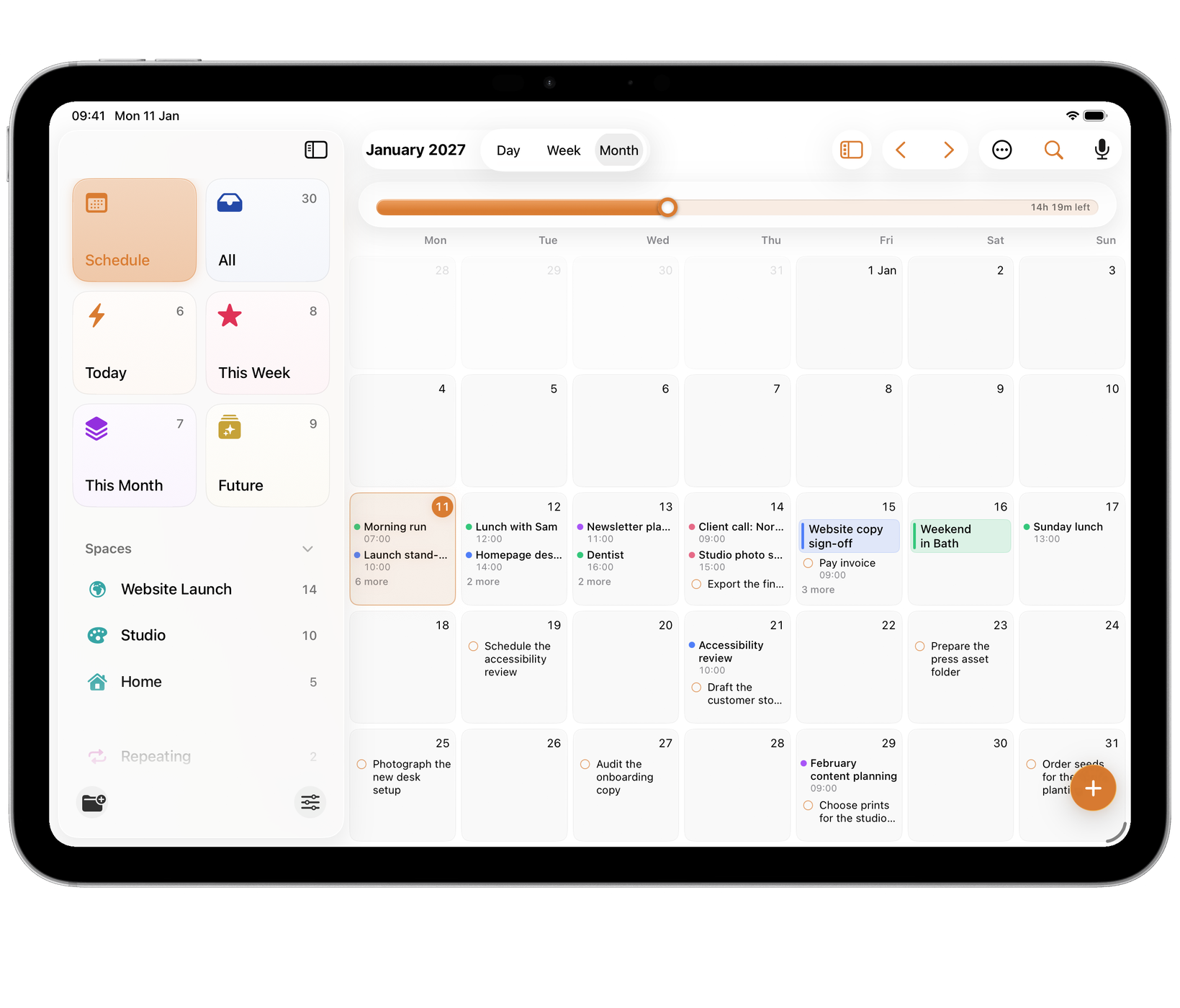 Orbit on iPad: Schedule’s month, with each day’s events and tasks on the calendar
