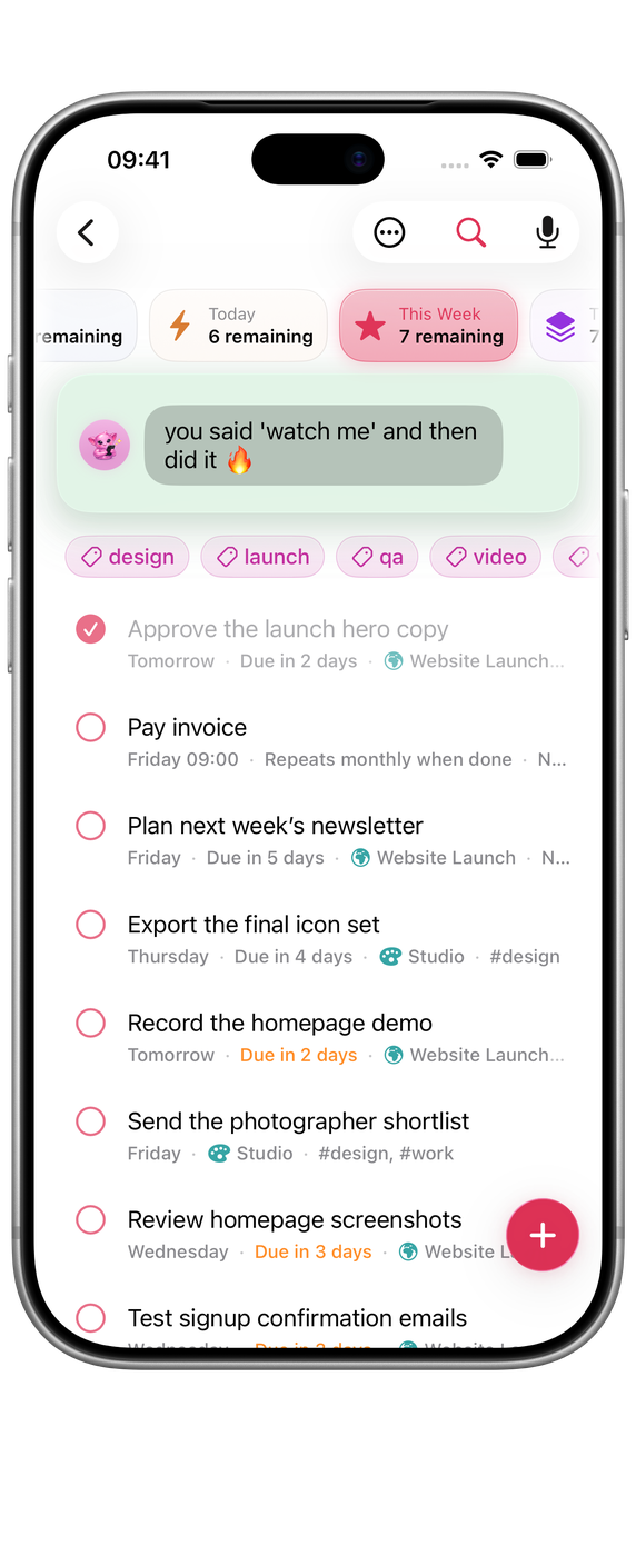Orbit on iPhone: a task ticked off in This Week, with the companion’s reaction