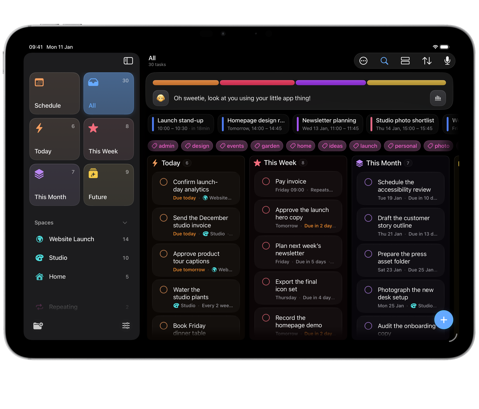 Orbit on iPad: the board, with a card being dragged to another column