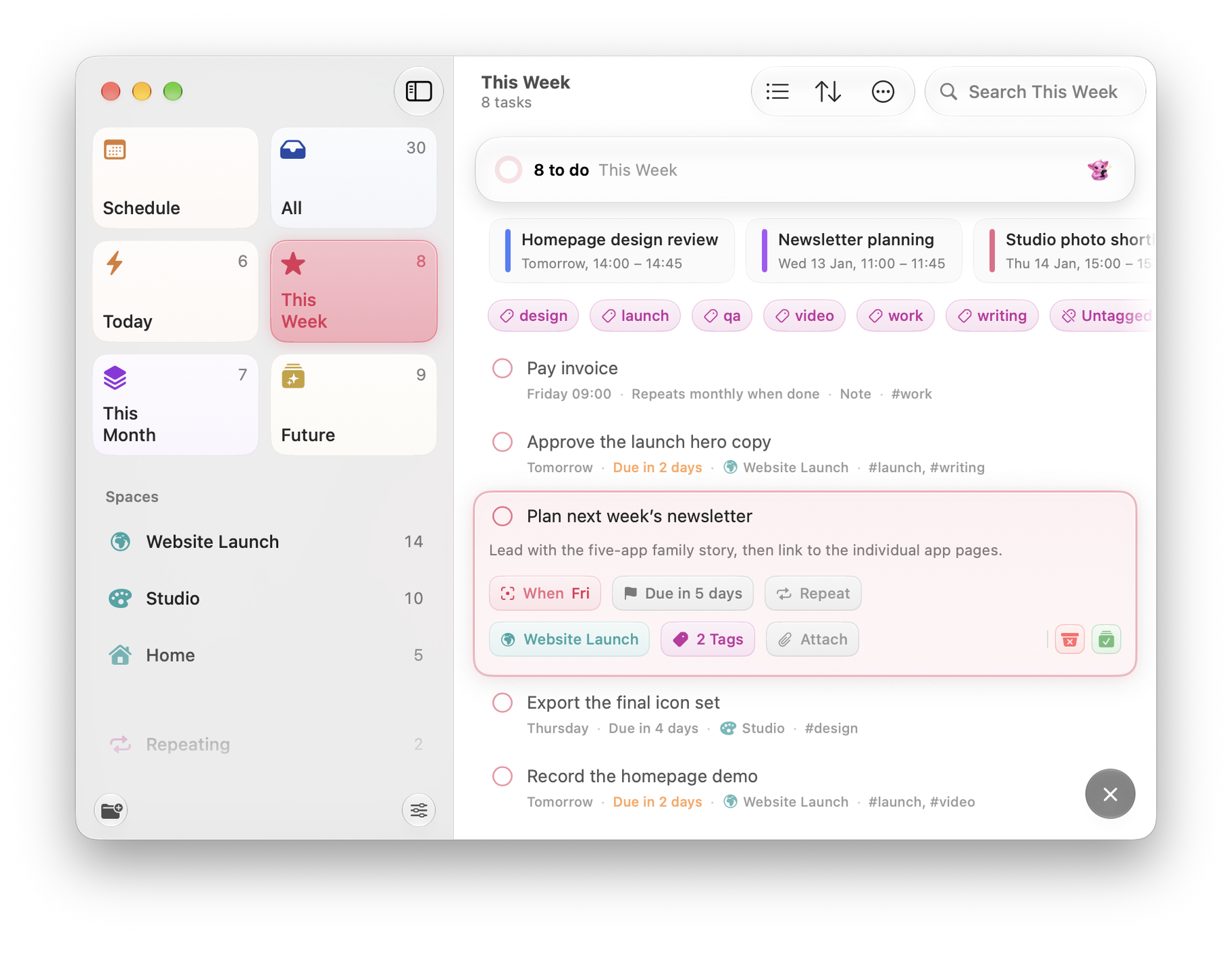 Orbit on Mac: This Week with its day pills on the island and a task open in place