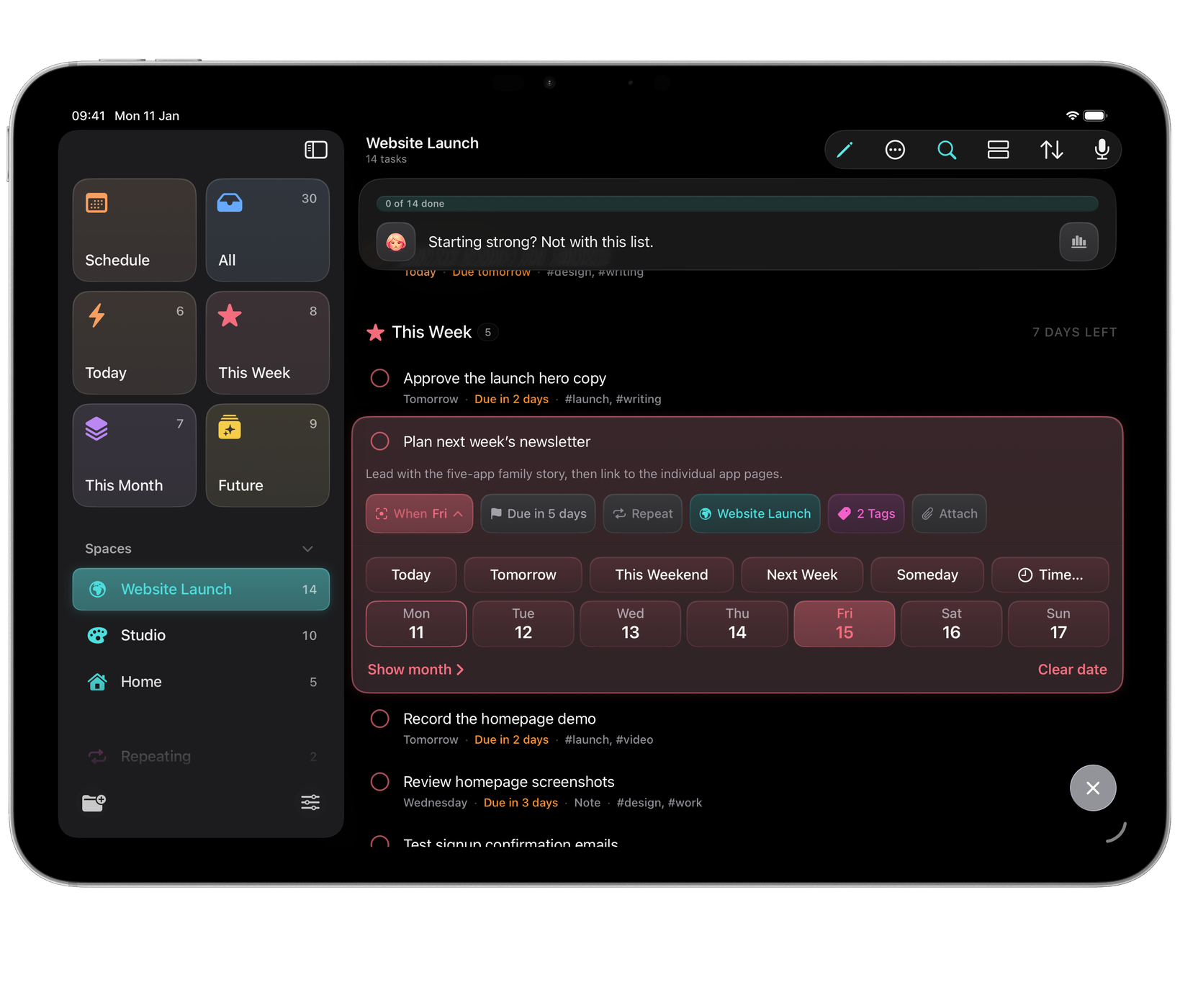 Orbit on iPad: the Website Launch Space, with a task open in place