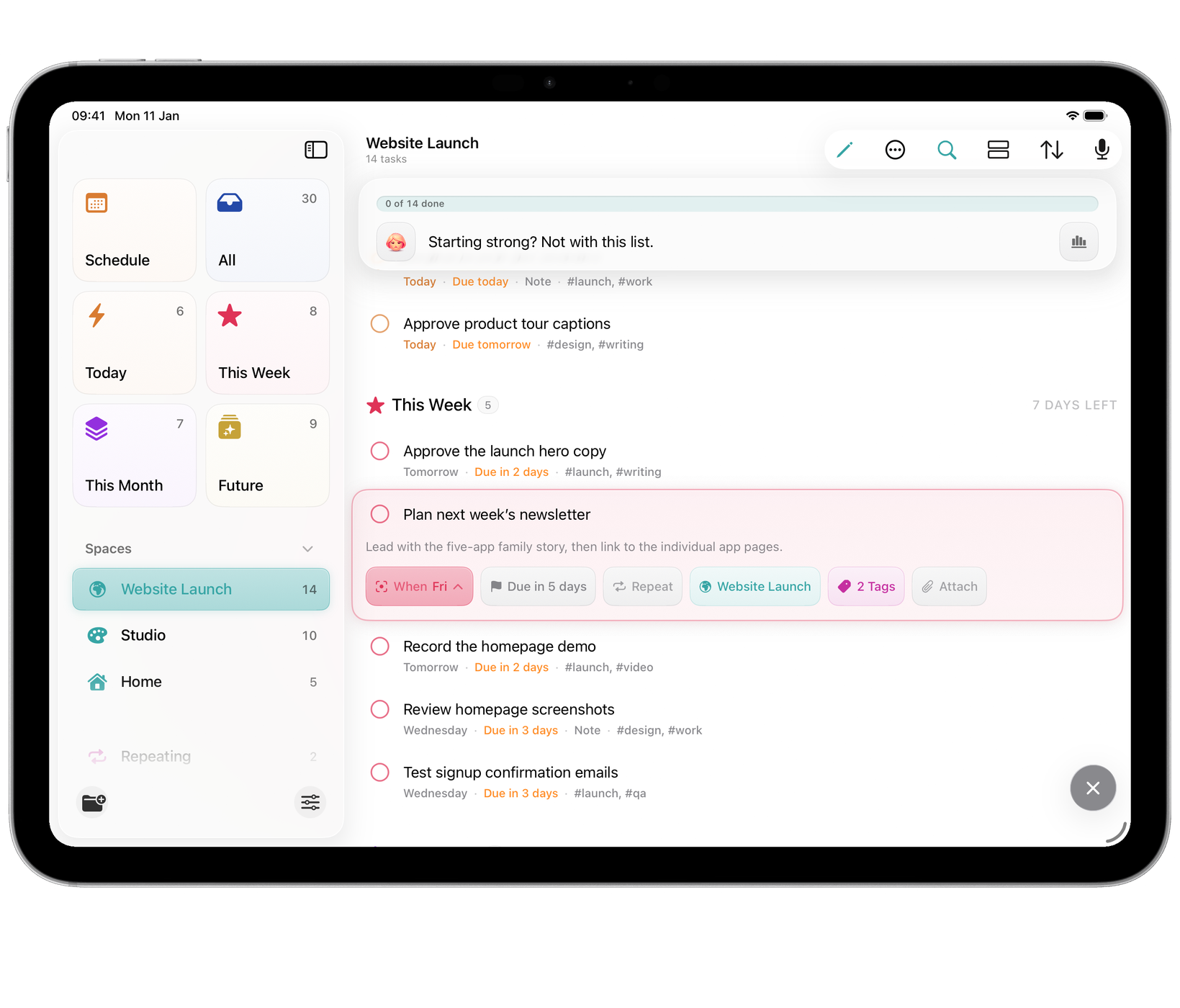 Orbit on iPad: the Website Launch Space, with a task open in place