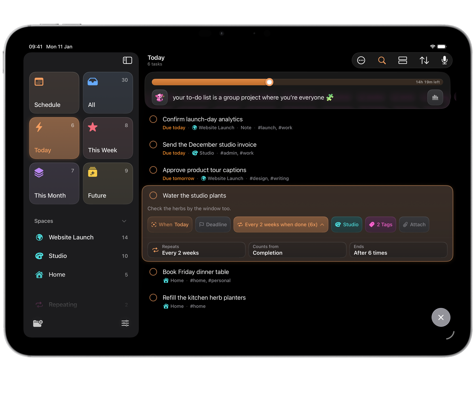 Orbit on iPad: a task that repeats every two weeks, counted from when it is done