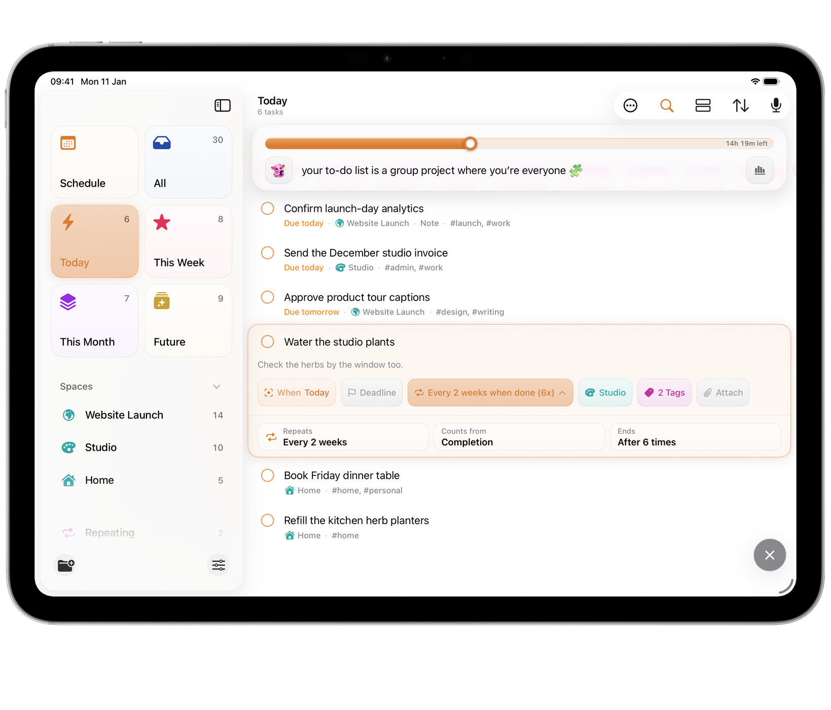 Orbit on iPad: a task that repeats every two weeks, counted from when it is done