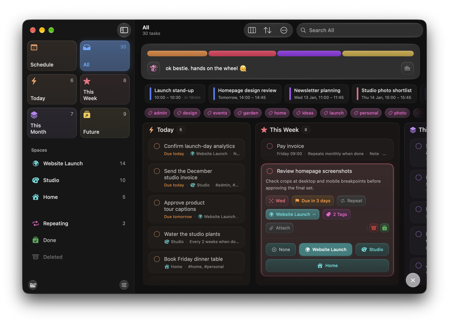 Orbit on Mac: the board, with Today, This Week, This Month and Future side by side and a task open in its column