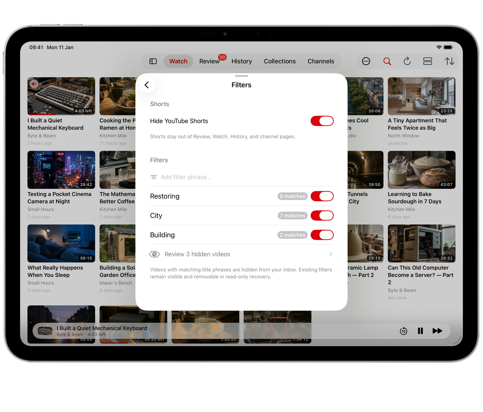 Watchlist on iPad: Filters, with Shorts hidden and title filters showing how many videos each hides