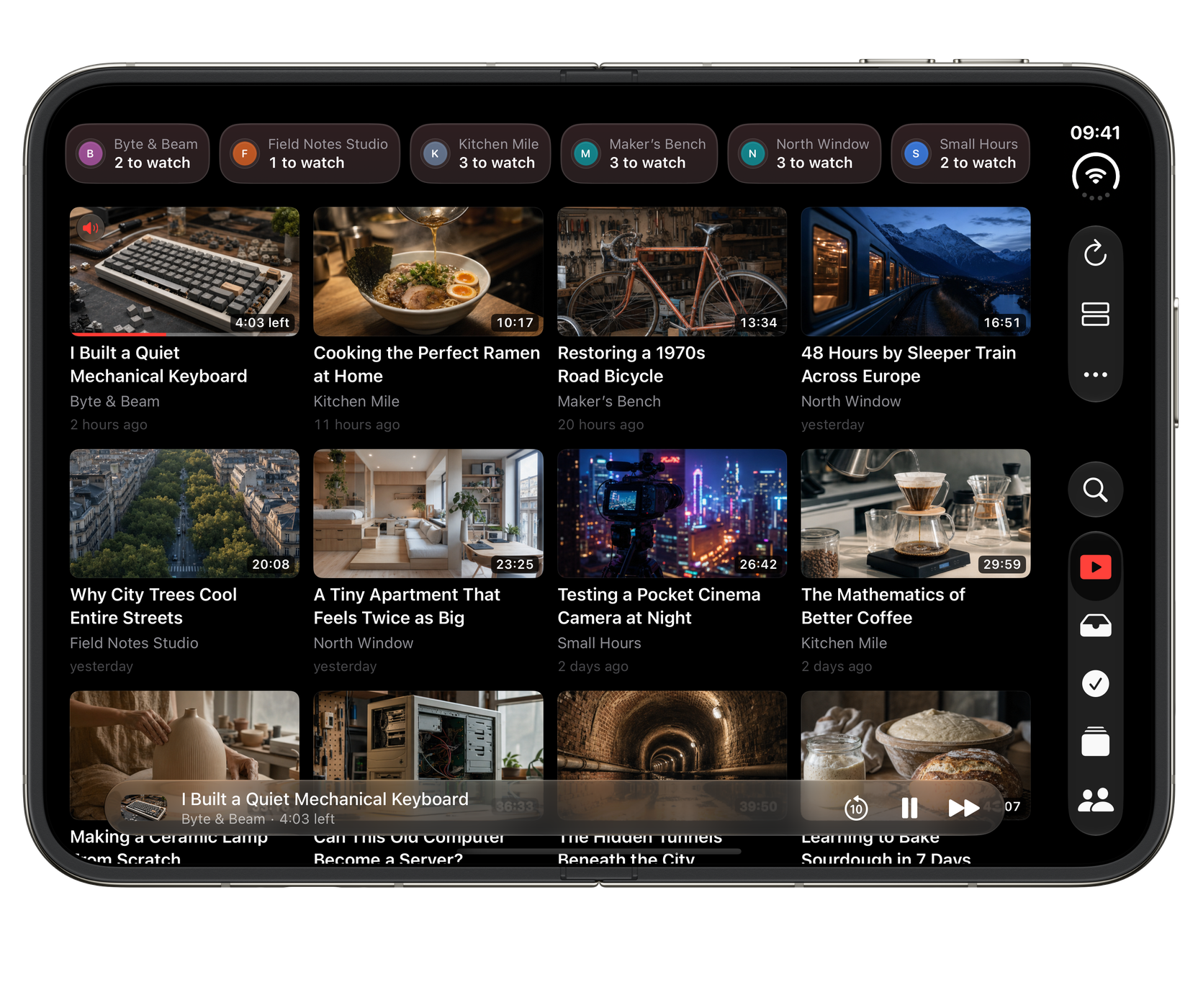 Watchlist on iPhone Duo, fully open: Your library with room to explore.
