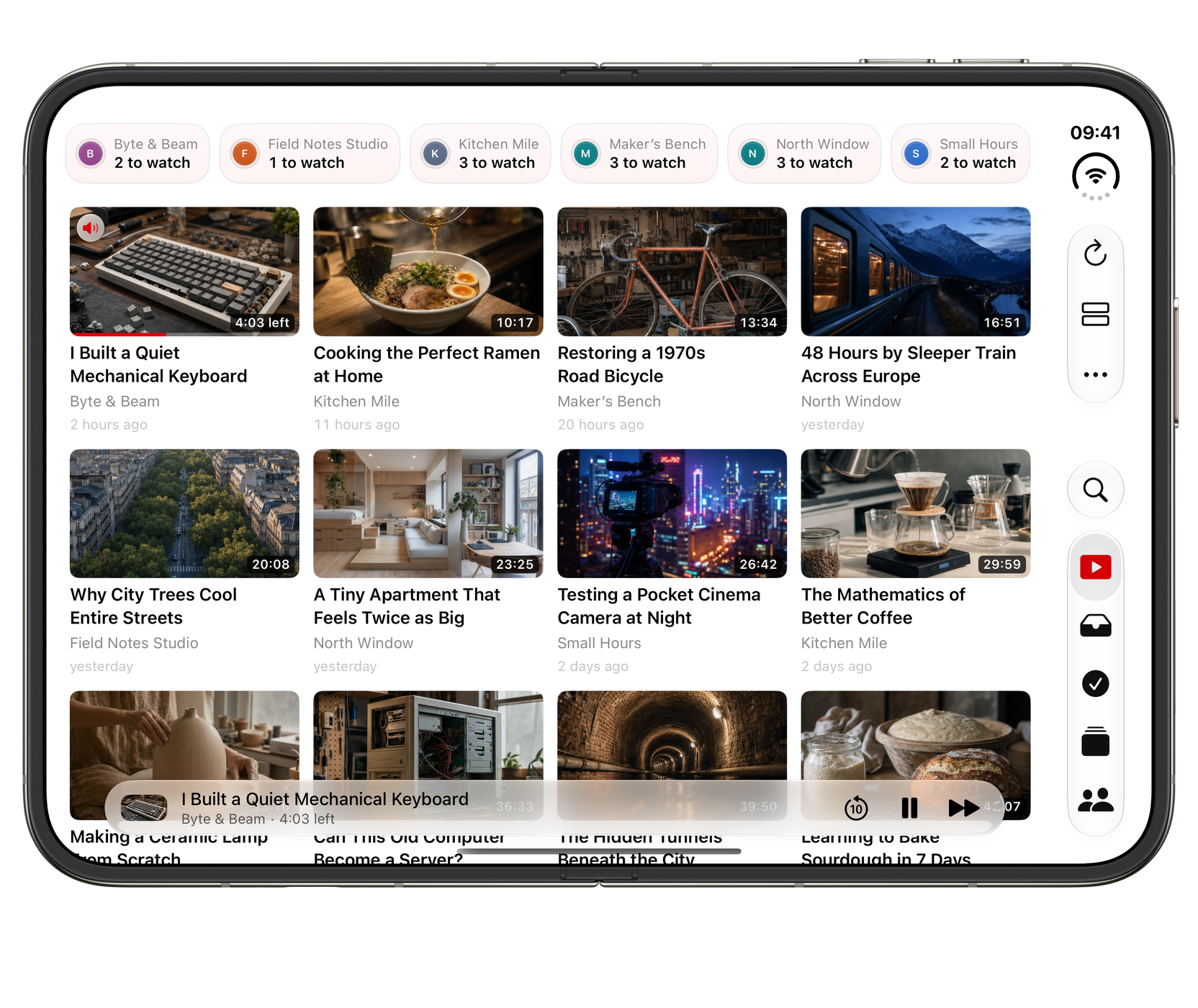 Watchlist on iPhone Duo, fully open: Your library with room to explore.