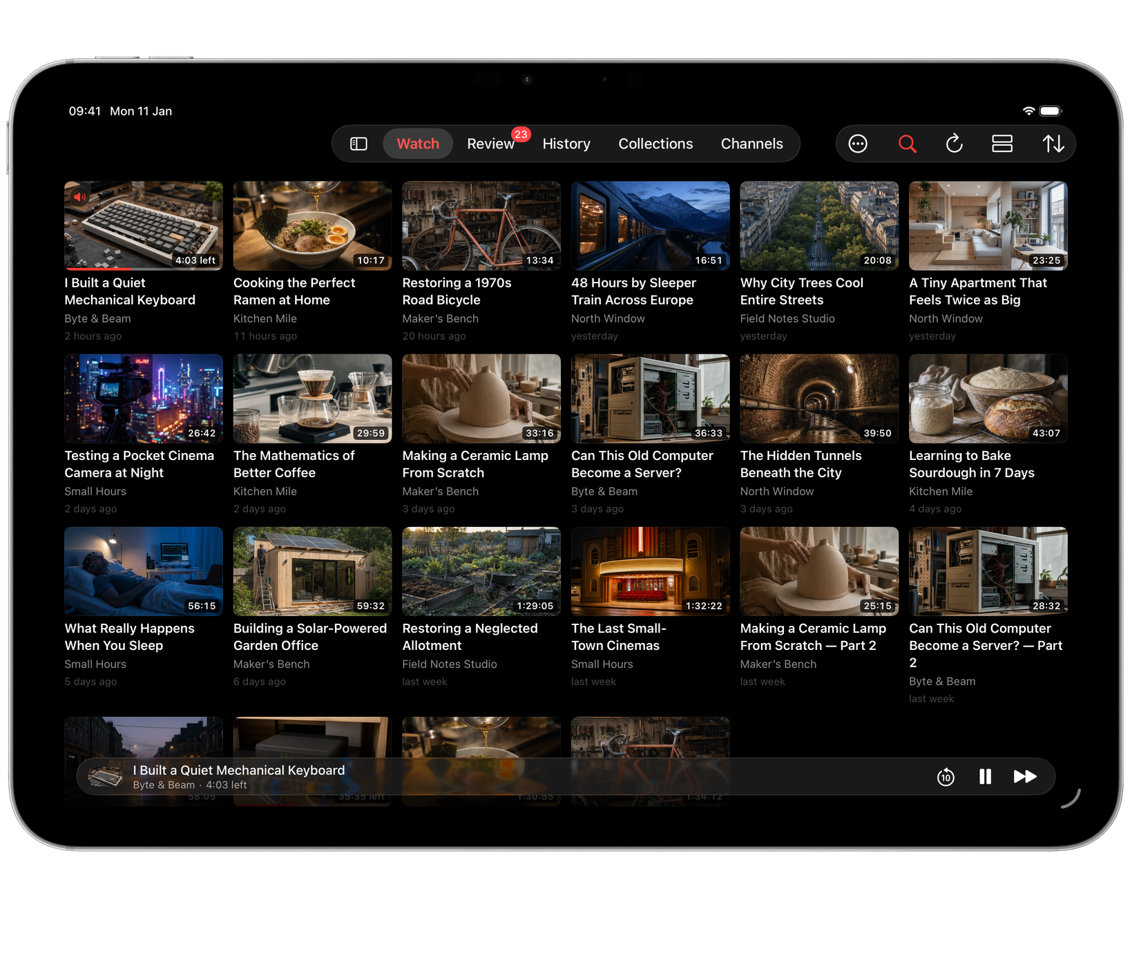 Watchlist on iPad: Watch as a full-width grid, with the mini player below